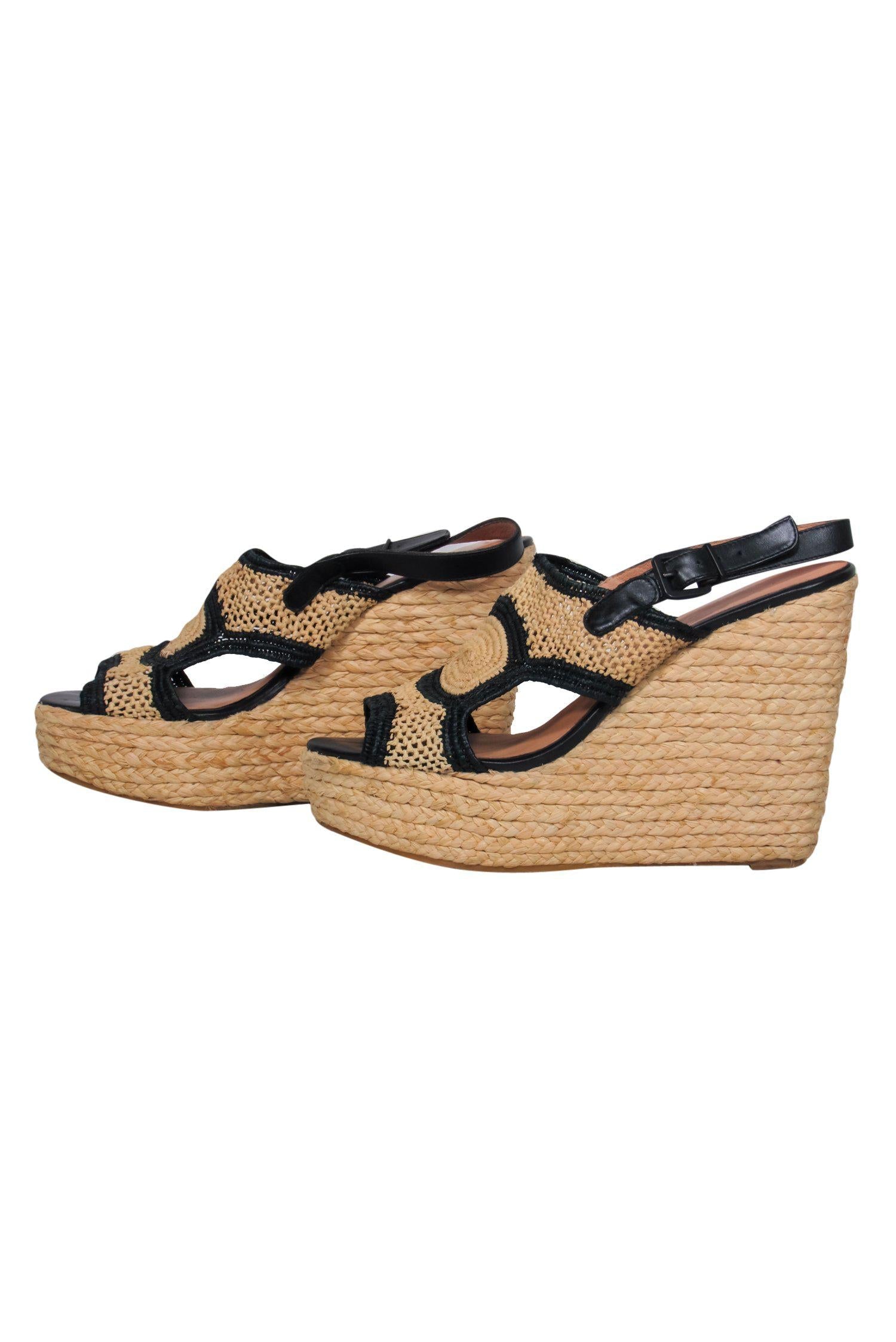 Robert Clergerie Tan Woven Platform Wedges with Black Trim - Size 9.5