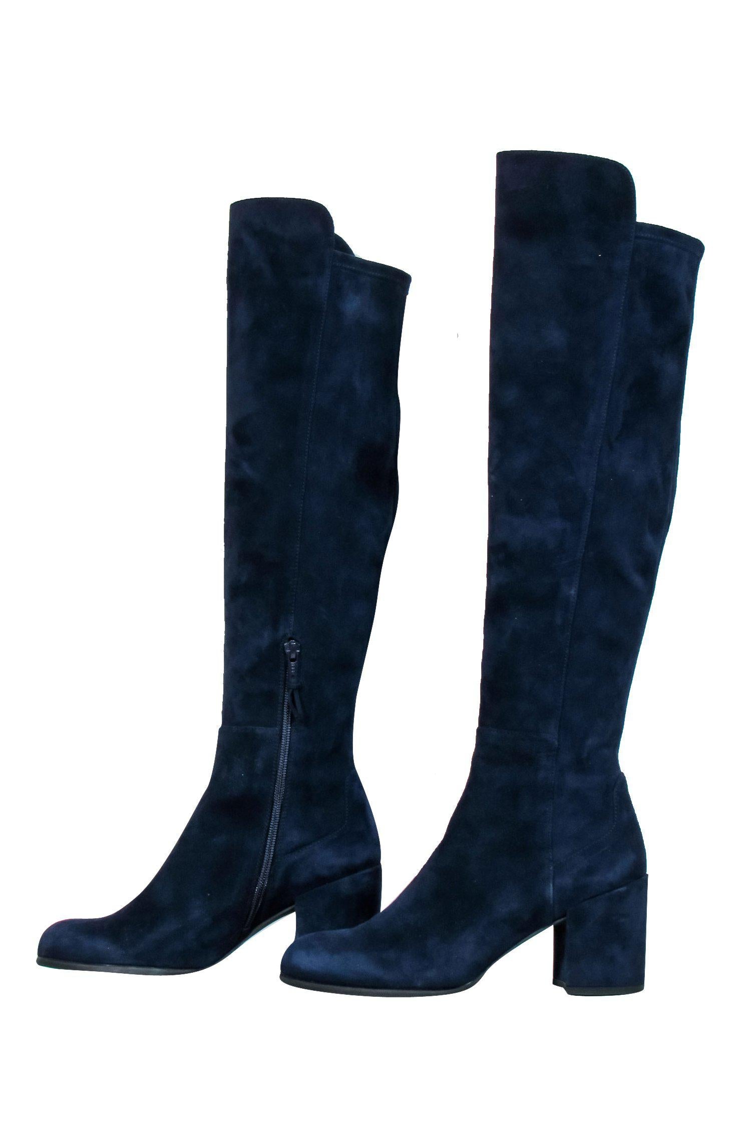 Stuart Weitzman Navy Suede Knee-High Heeled Boots - Size 6.5 - Glam Up Your Winter!