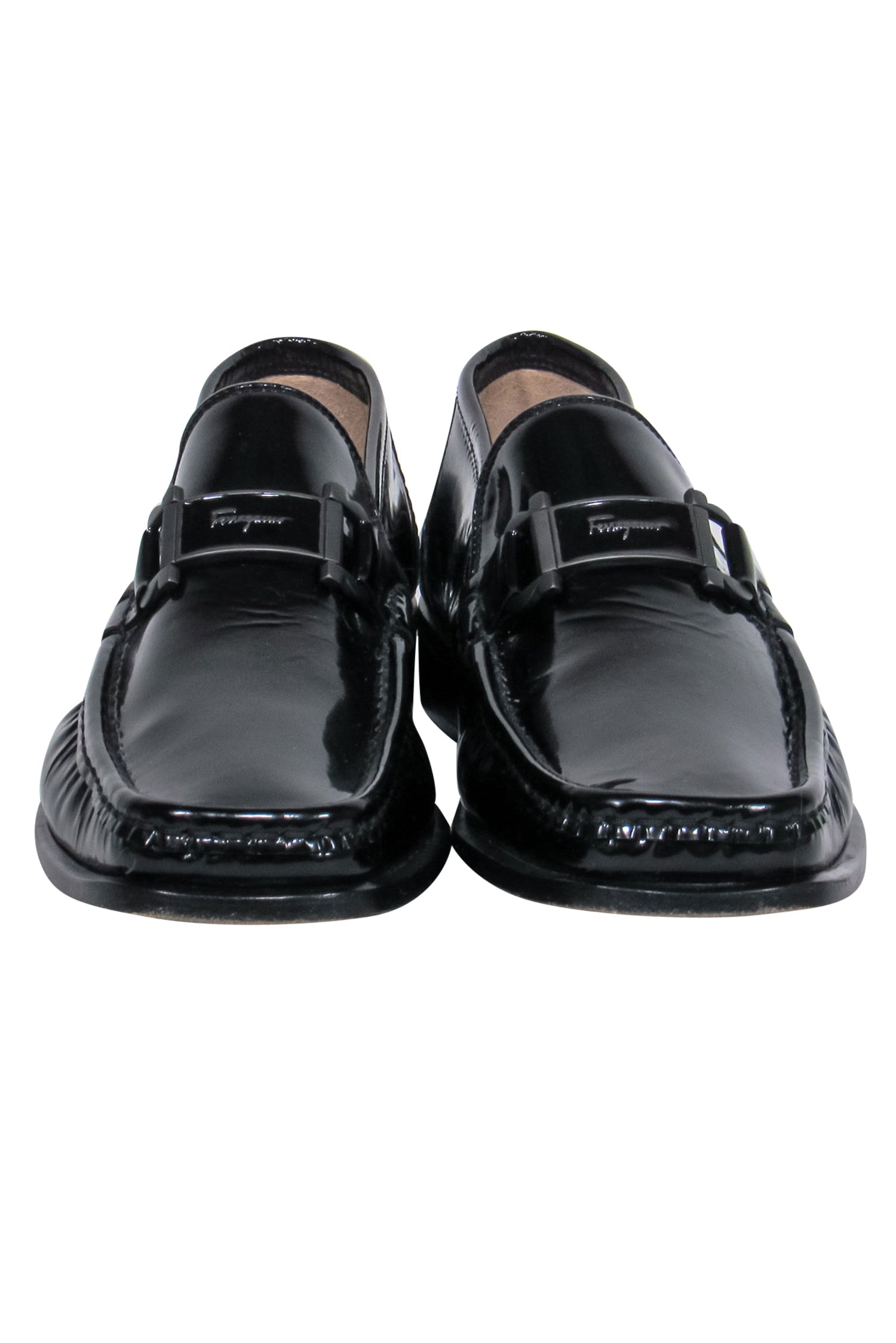 Ferragamo's Glamorous Black Patent Leather Square Toe Loafers with Buckles - Size 9
