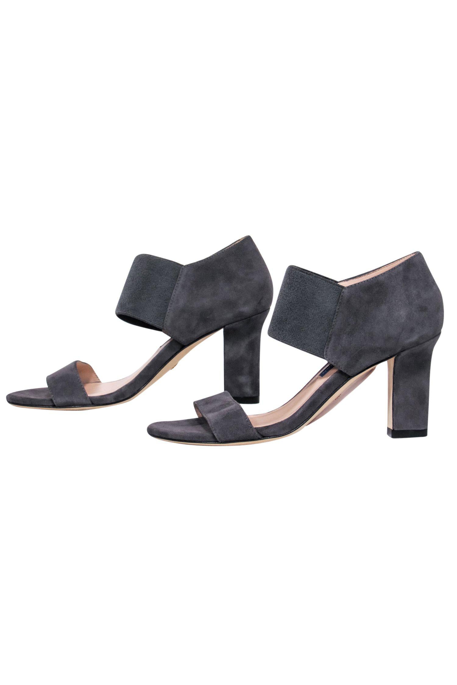 Stuart Weitzman Grey Suede Open Toe Elastic Strap Pumps - Size 4.5