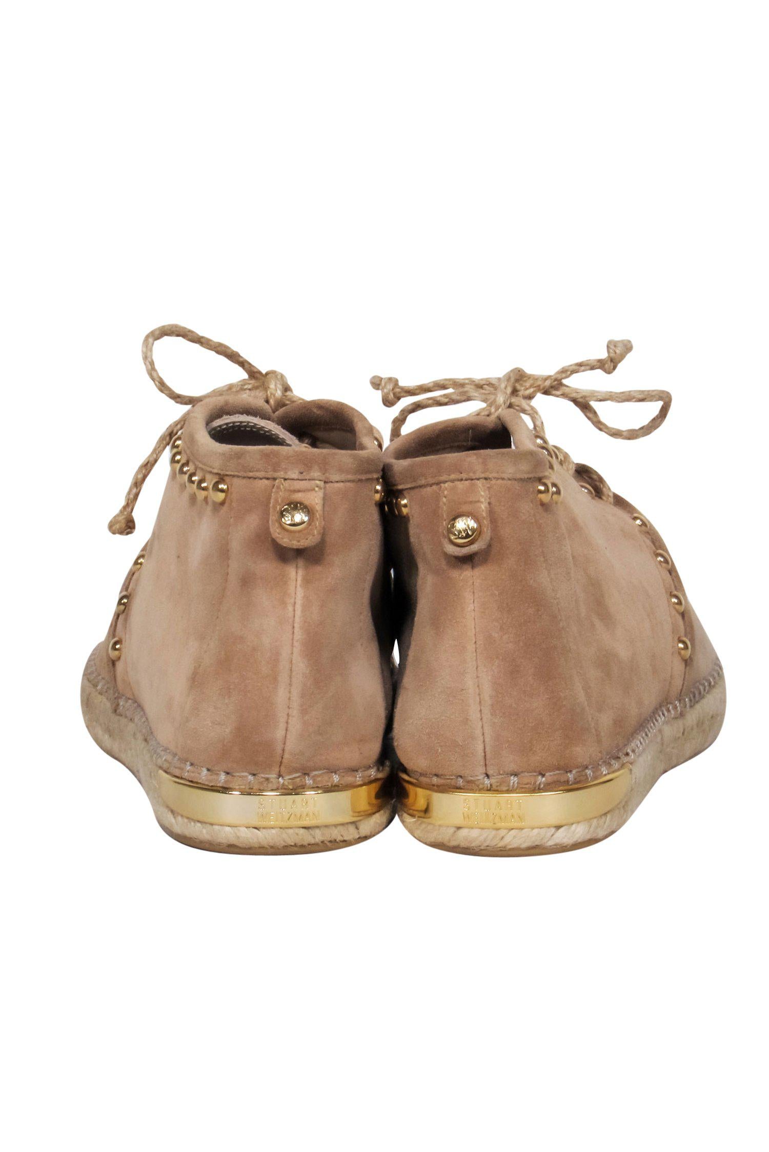 Stuart Weitzman's Gorgeous Beige Suede Lace - Up High Top Espadrilles with Gold Studs, Size 8