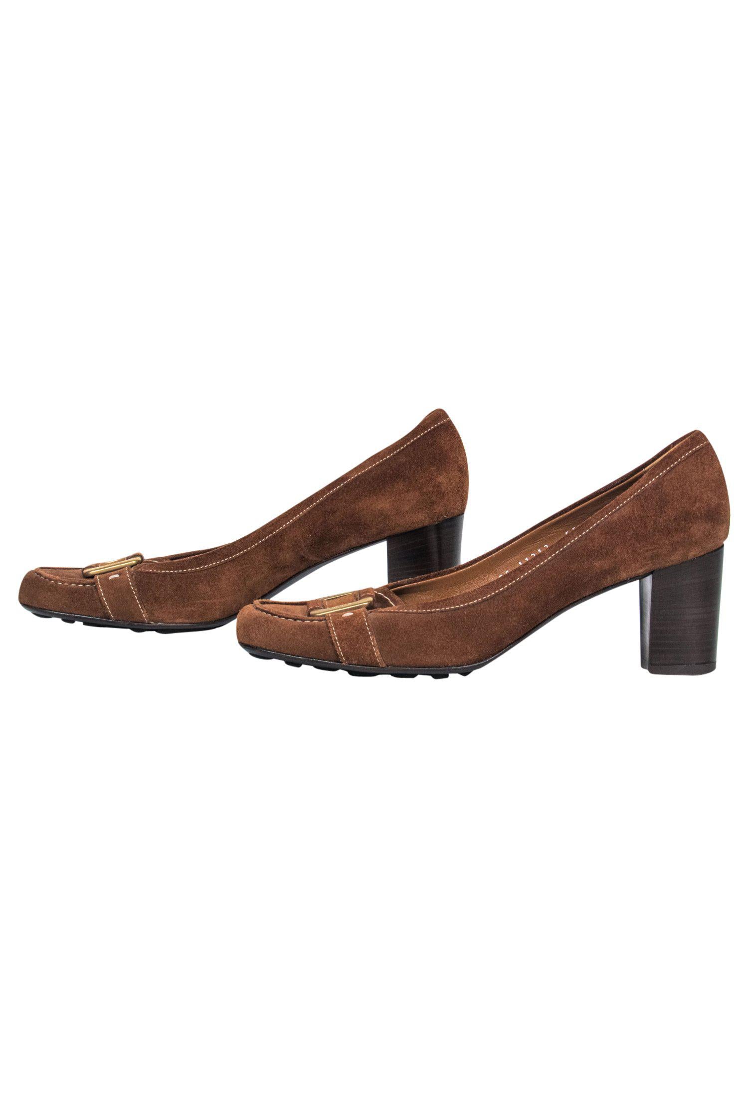 Ferragamo Brown Suede Buckle Loafer-Style Pumps - Size 9