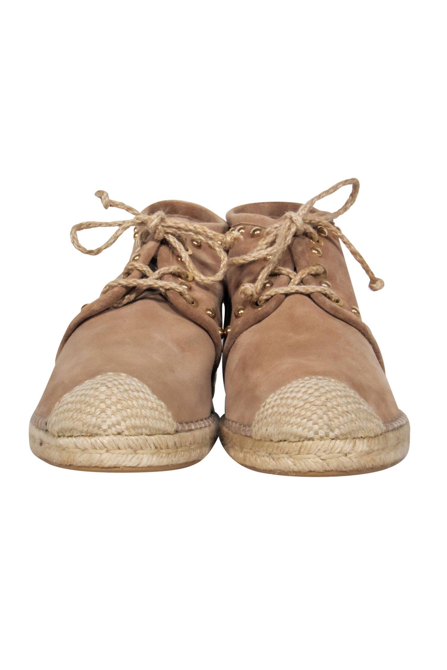 Stuart Weitzman's Gorgeous Beige Suede Lace - Up High Top Espadrilles with Gold Studs, Size 8