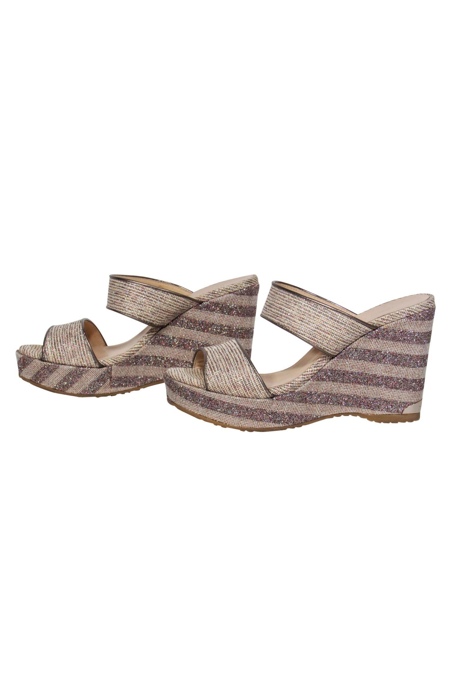 Jimmy Choo Beige Sparkly Striped Woven Strappy Platform Wedges - Size 8: Summer Sparkle!