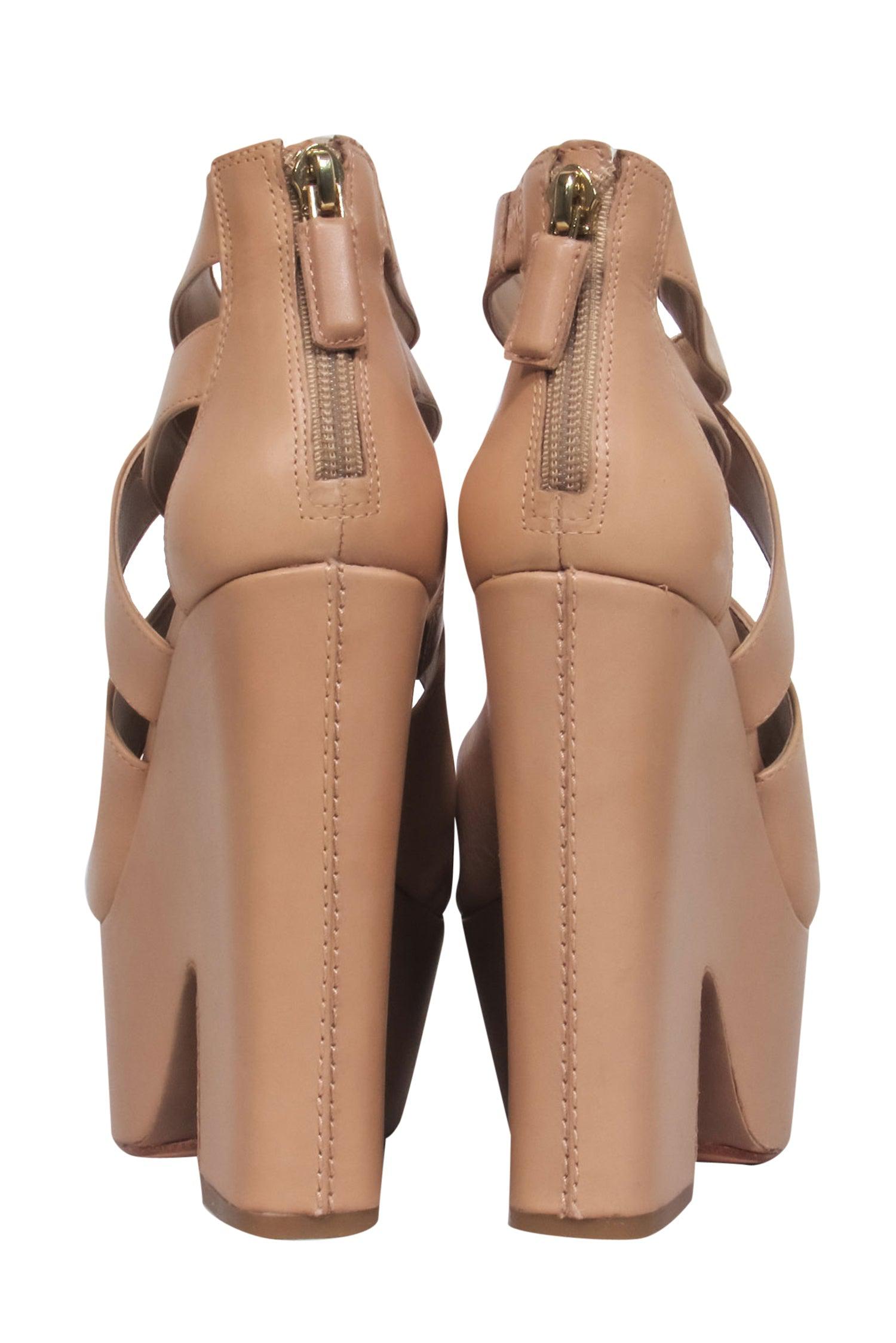 BCBG Max Azria Beige Leather Chunky Platform Crisscross Strap Heels - Size 5.5