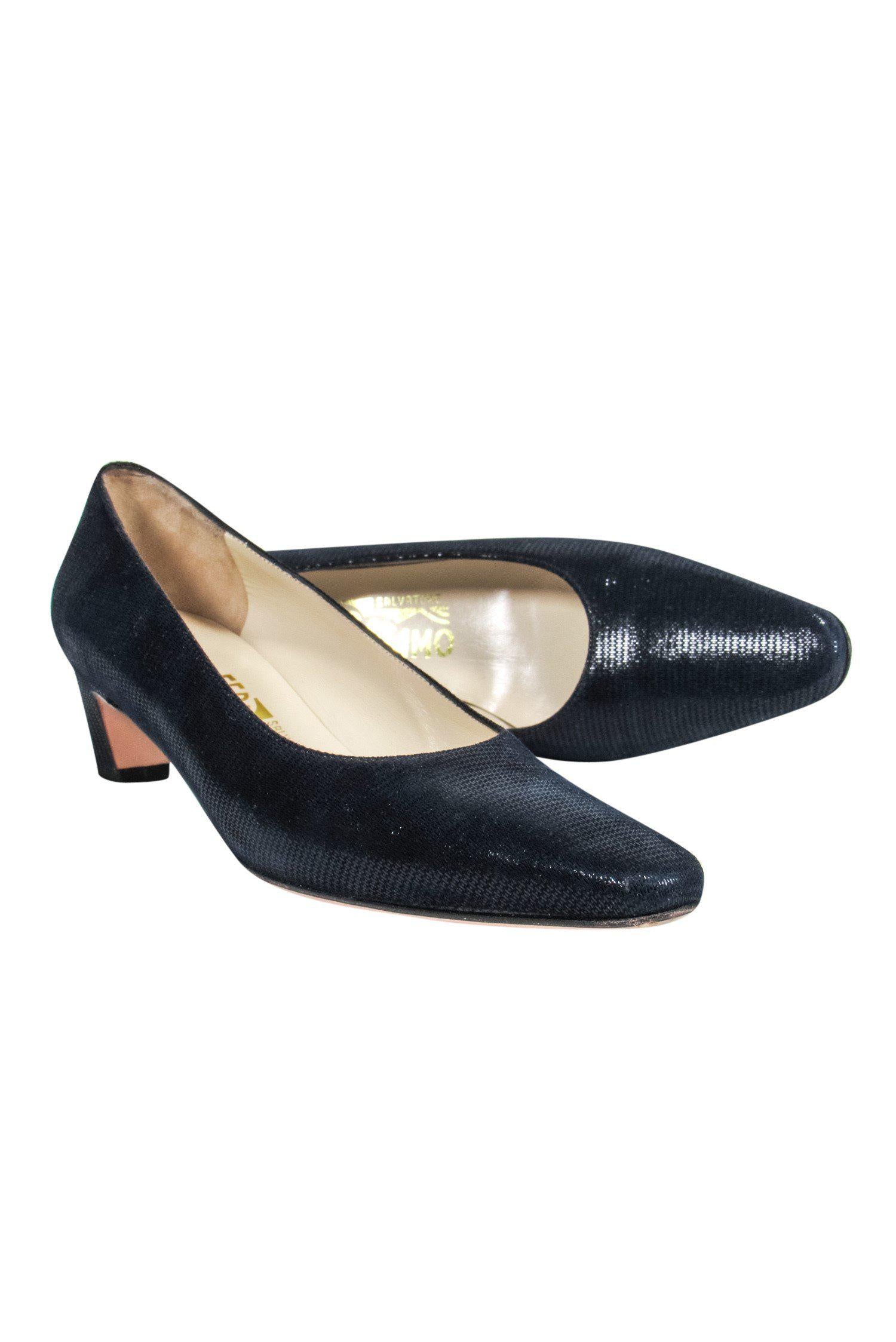 Ferragamo Navy Textured Shimmer Kitten Heels - Size 8: A Must-Have for Office Elegance