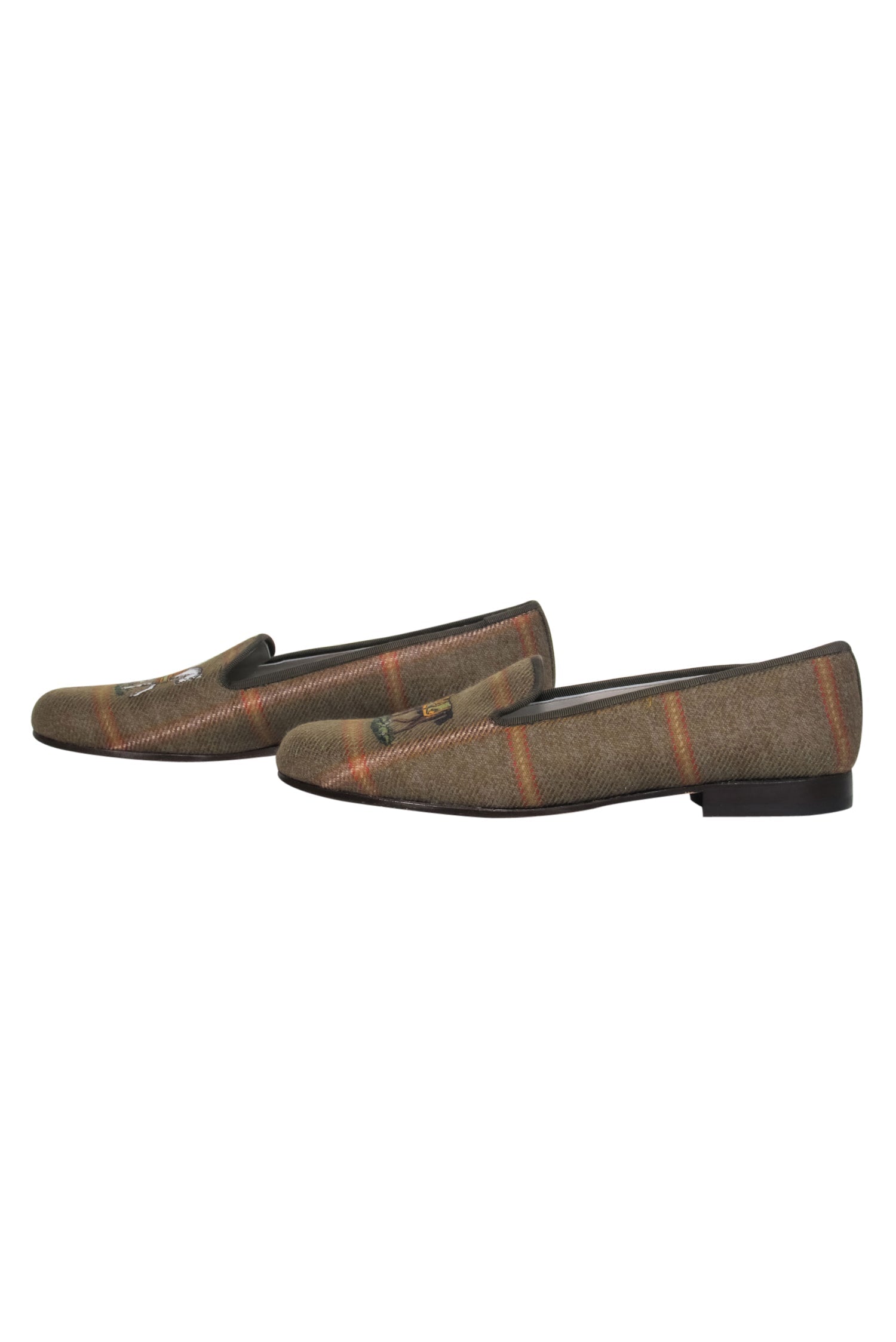 Stubbs & Wootton - Elegant Green Plaid Woven Slipper Flats with Equestrian Embroidery, Size 9