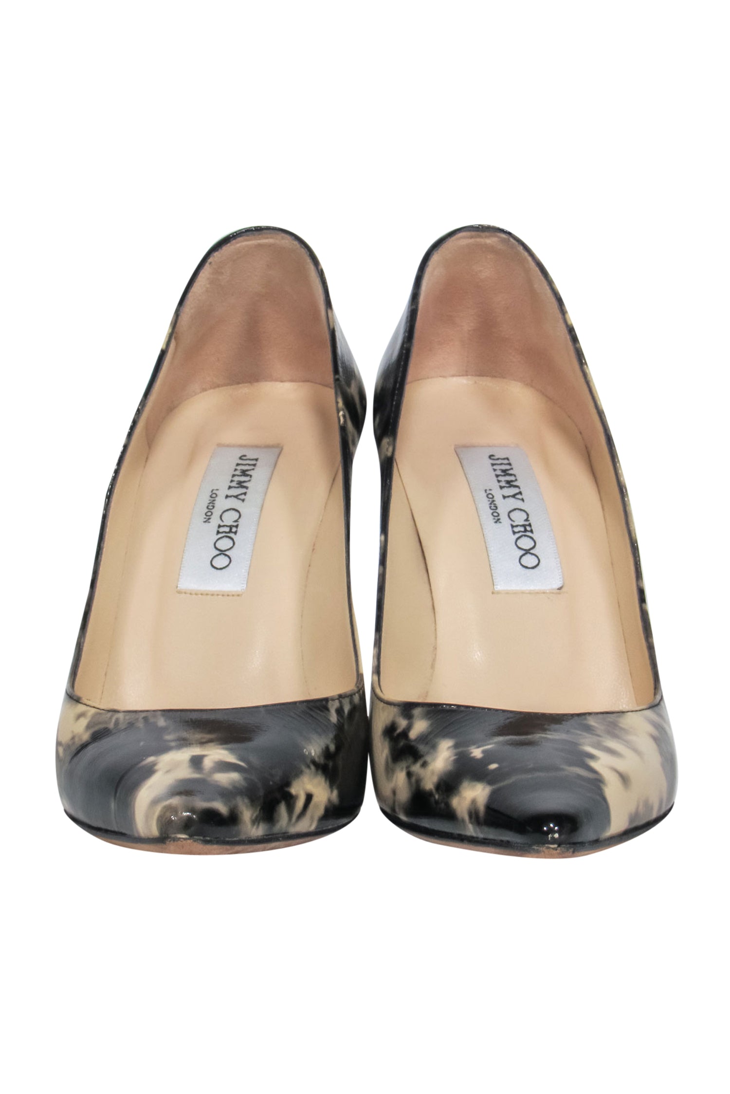 Jimmy Choo Black & Beige Marbled Patent Leather Pointed Toe Pumps with Stunning Green Heels - Size 6
