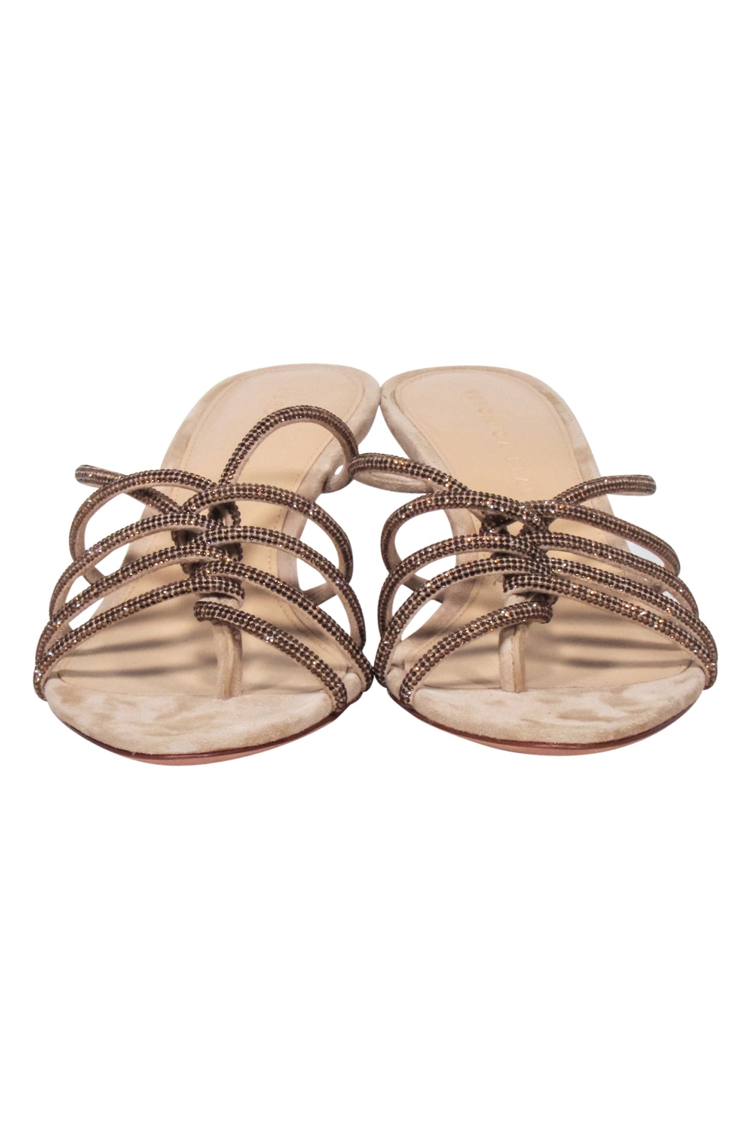 Veronica Beard Beige Suede Open - Toe Pumps with Bronze Jewel Straps, Size 7.5