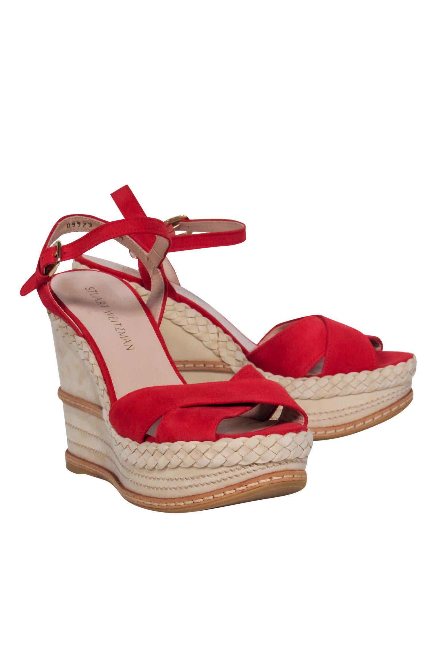 Stuart Weitzman Red Suede Strappy Wedges: A Fashion Sensation in Size 9!