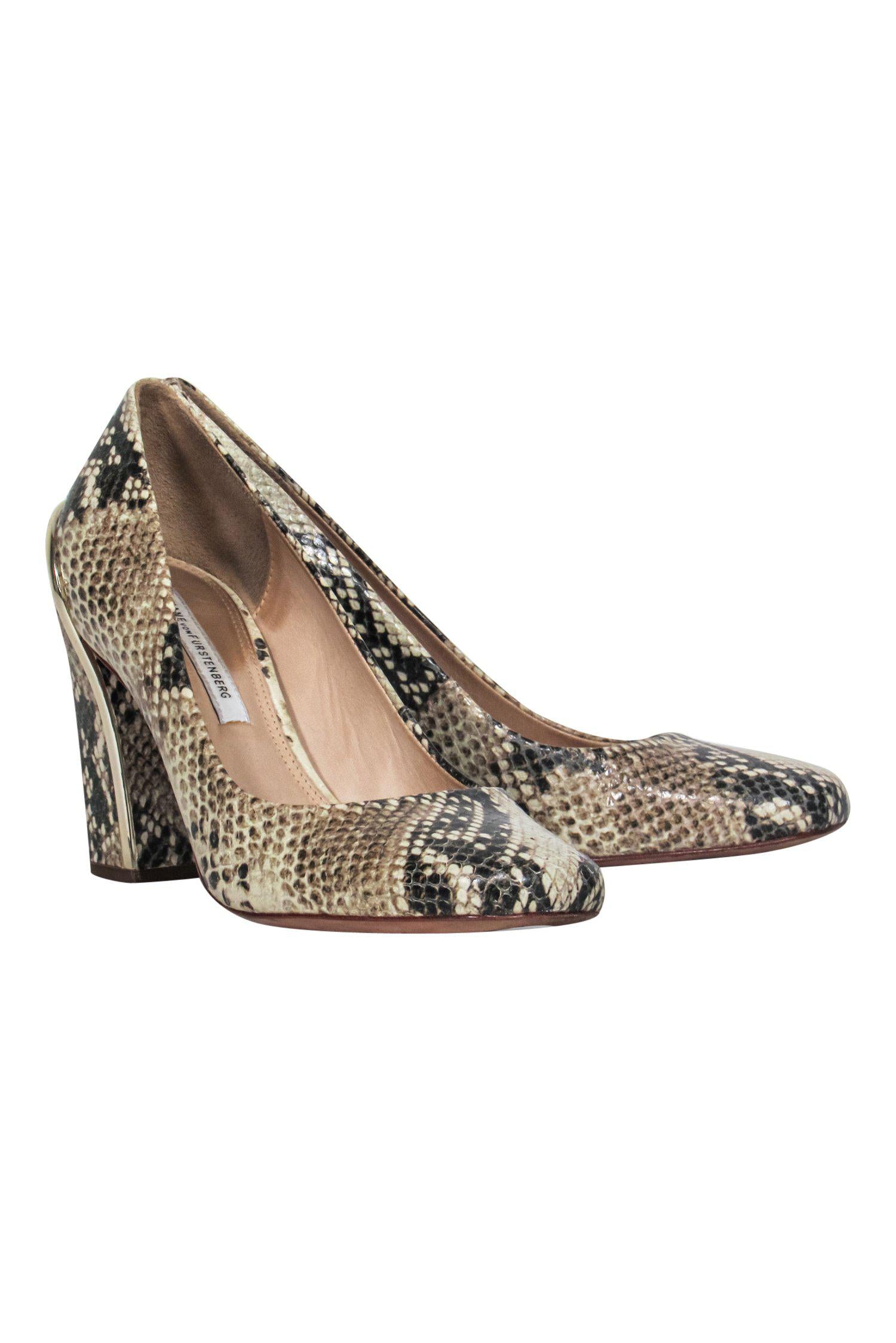 Diane von Furstenberg's Stunning Beige Snakeskin Pumps with Gold Trim - Size 8