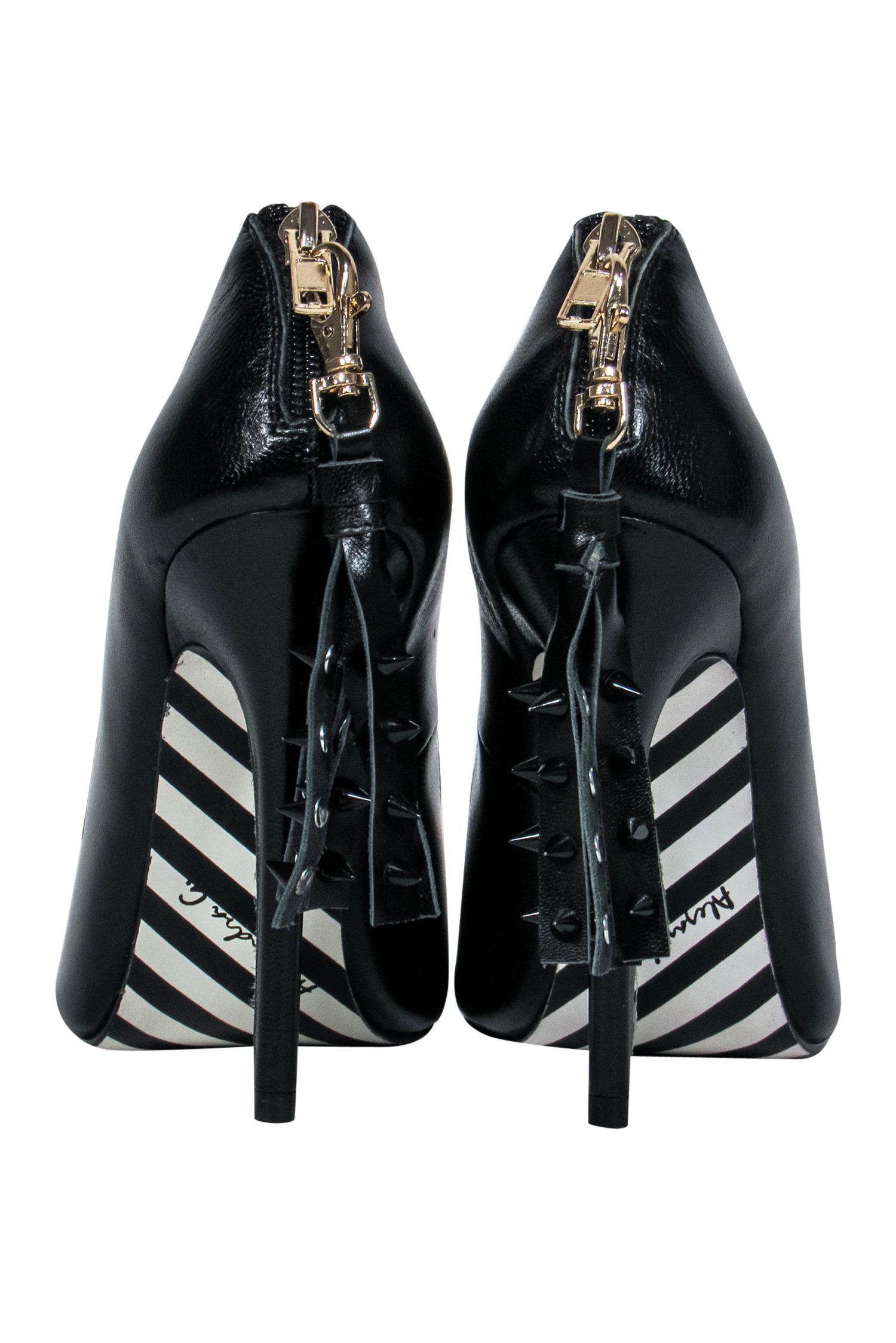 Alejandra G. Rita Stilettos - Black Leather Pointed Toe with Spiked Tassels, Size 6