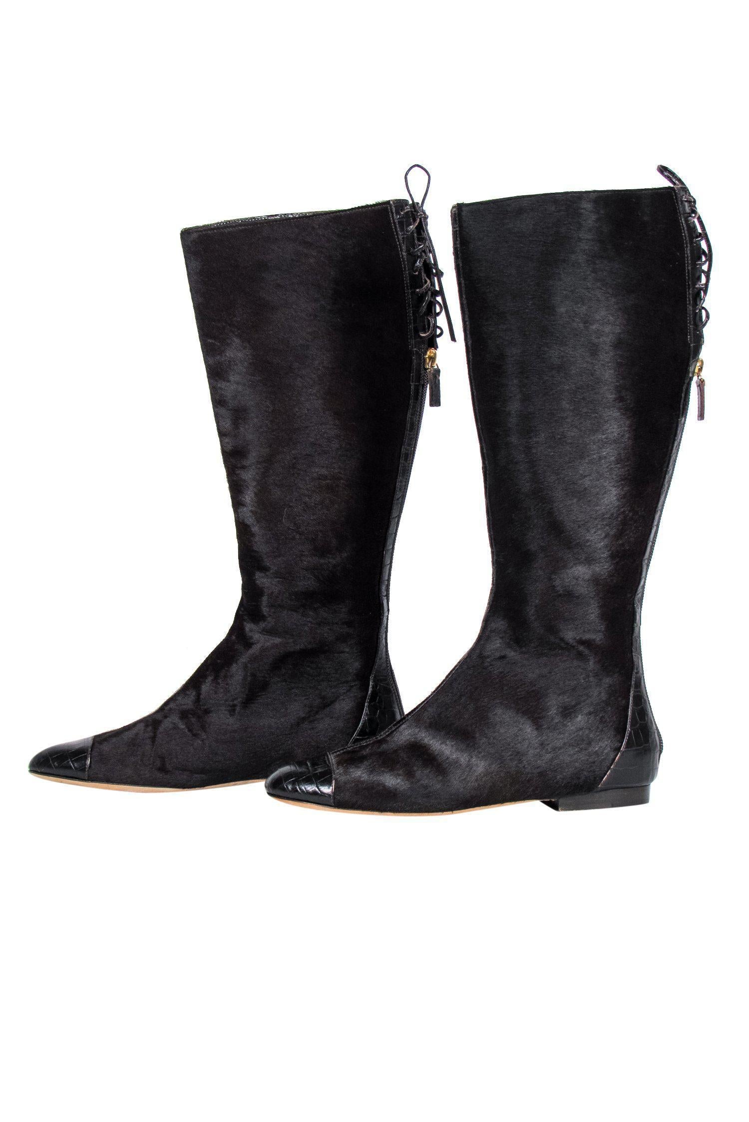 Oscar de la Renta's Stunning Brown Calf Lace - Up Knee High Boots, Size 5.5