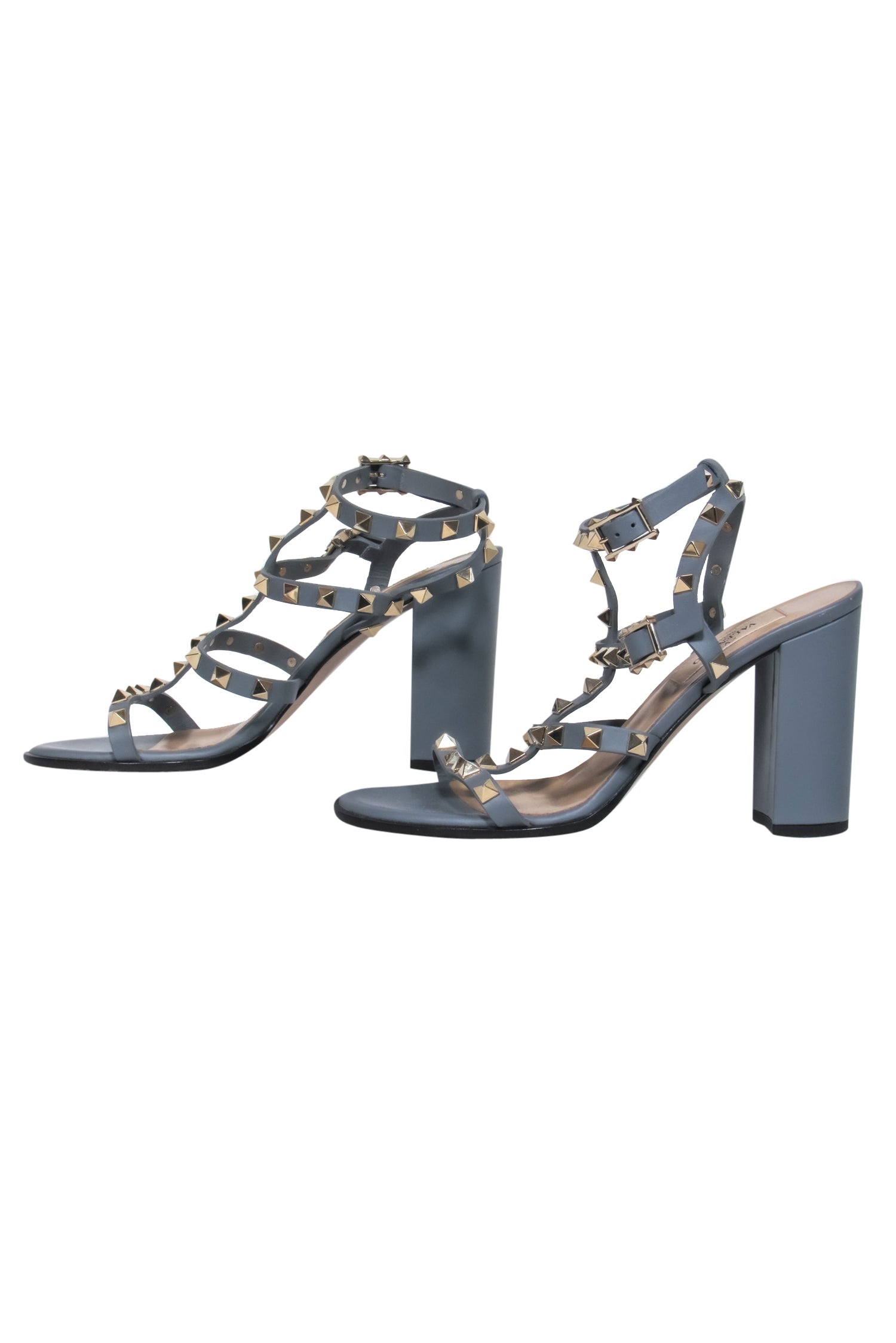 Valentino Dusty Grey Rockstud Strappy Heels with Double Clasp - Size 6