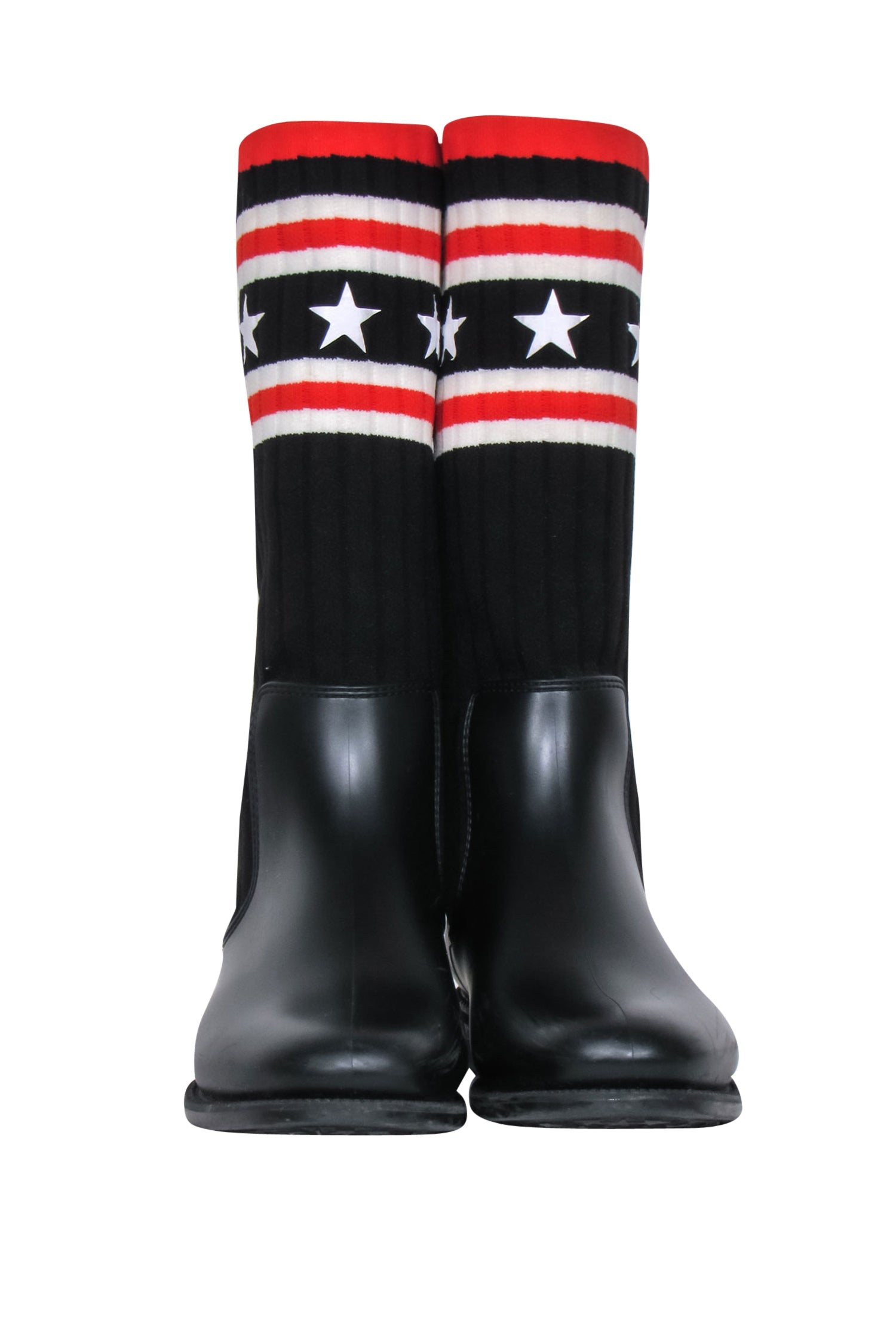 Givenchy - Stunning Black Rubber & Ribbed Sock-Style Boots with Stars & Stripes Print, Size 8