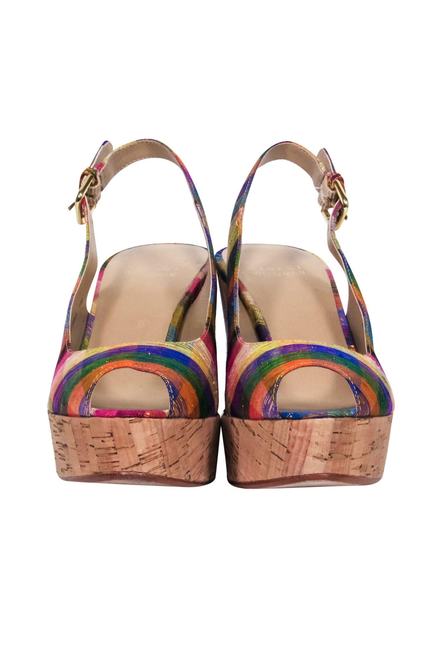 Stuart Weitzman's Glamorous Multicolored Metallic Plaid Peep Toe Slingback Cork Wedges - Size 7