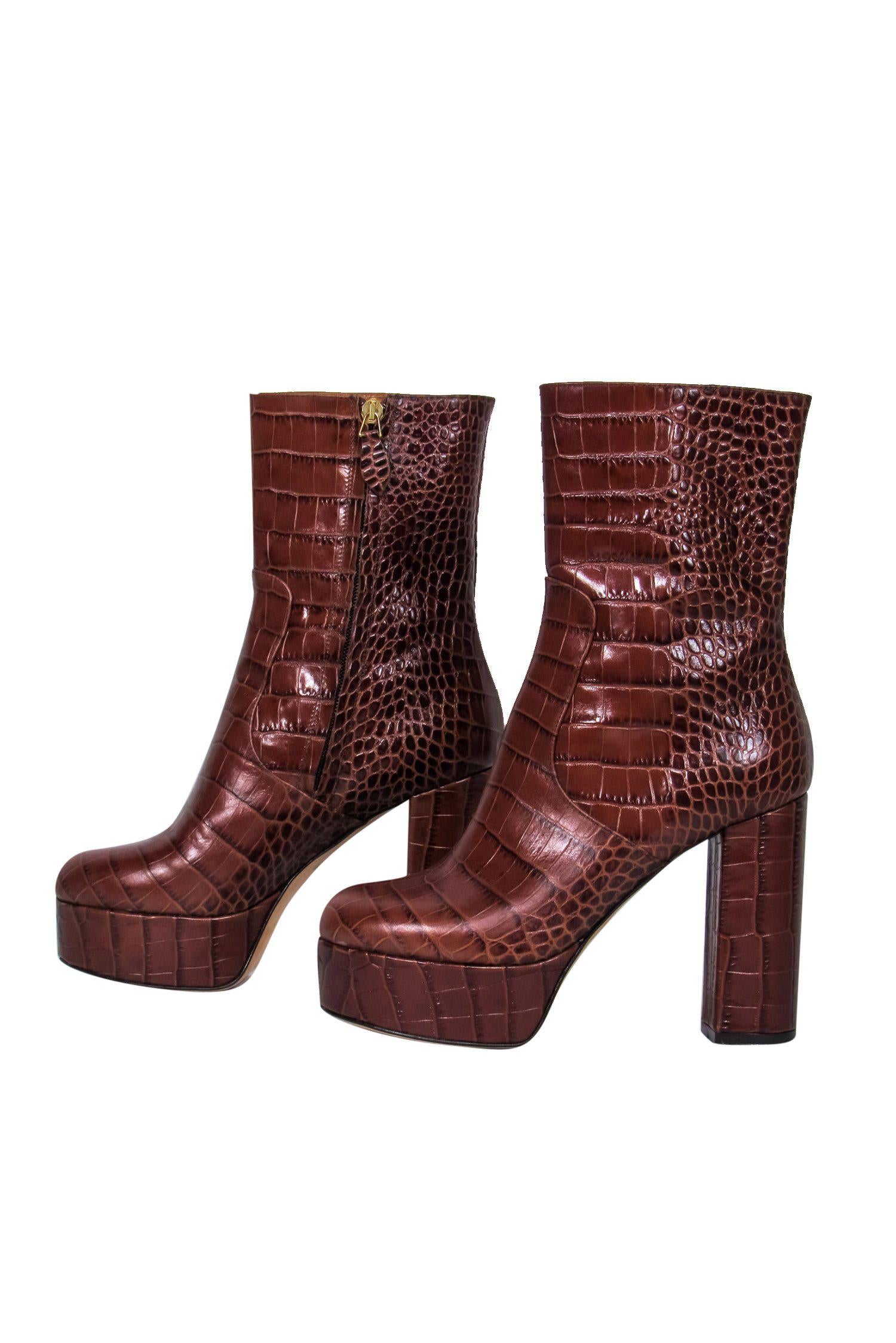 Paris Texas Brown Embossed Leather Platform Block Heel Boots - Size 8 - Unleash Your Rebellious Style!