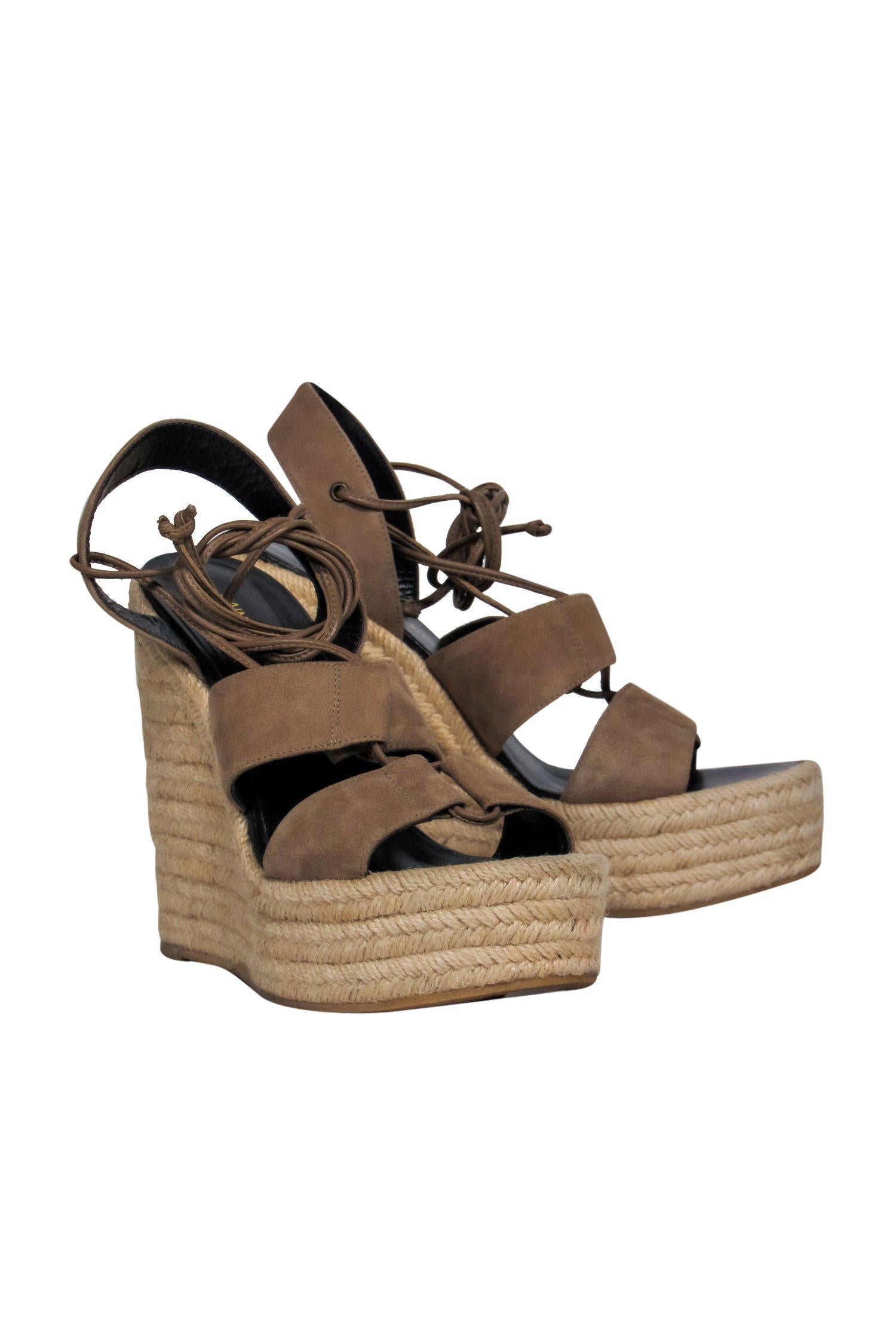 Saint Laurent Beige Suede Woven Platform Wedges - Size 9.5