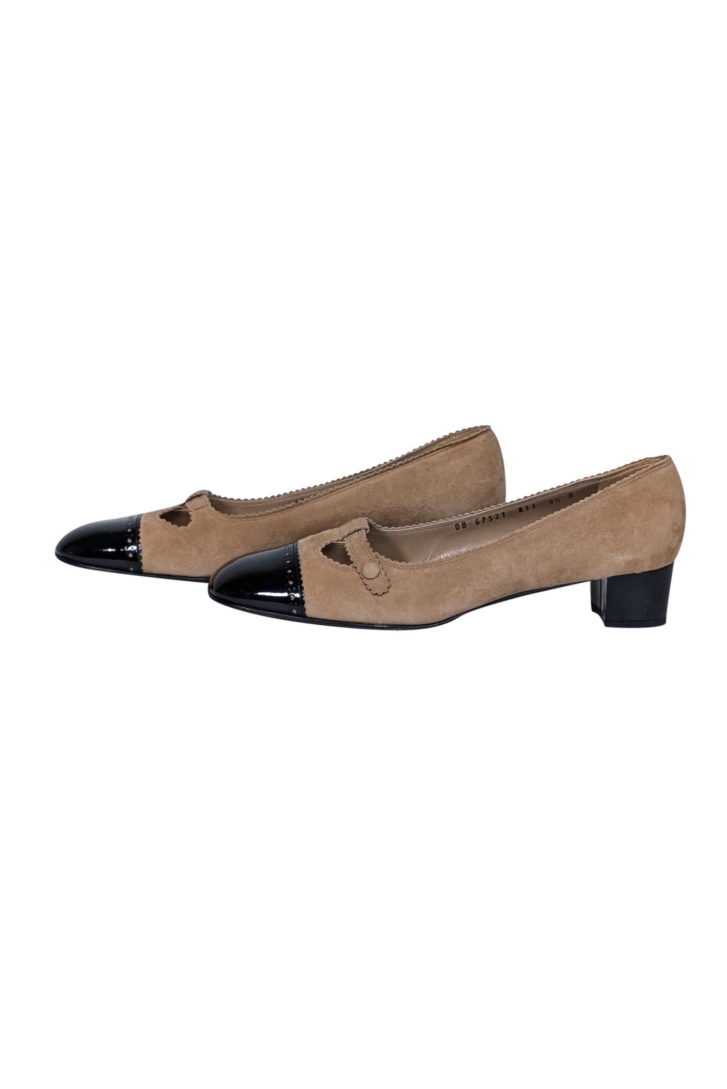 Ferragamo Beige Suede Pumps with Black Patent Leather Toe & Heel - Size 9.5