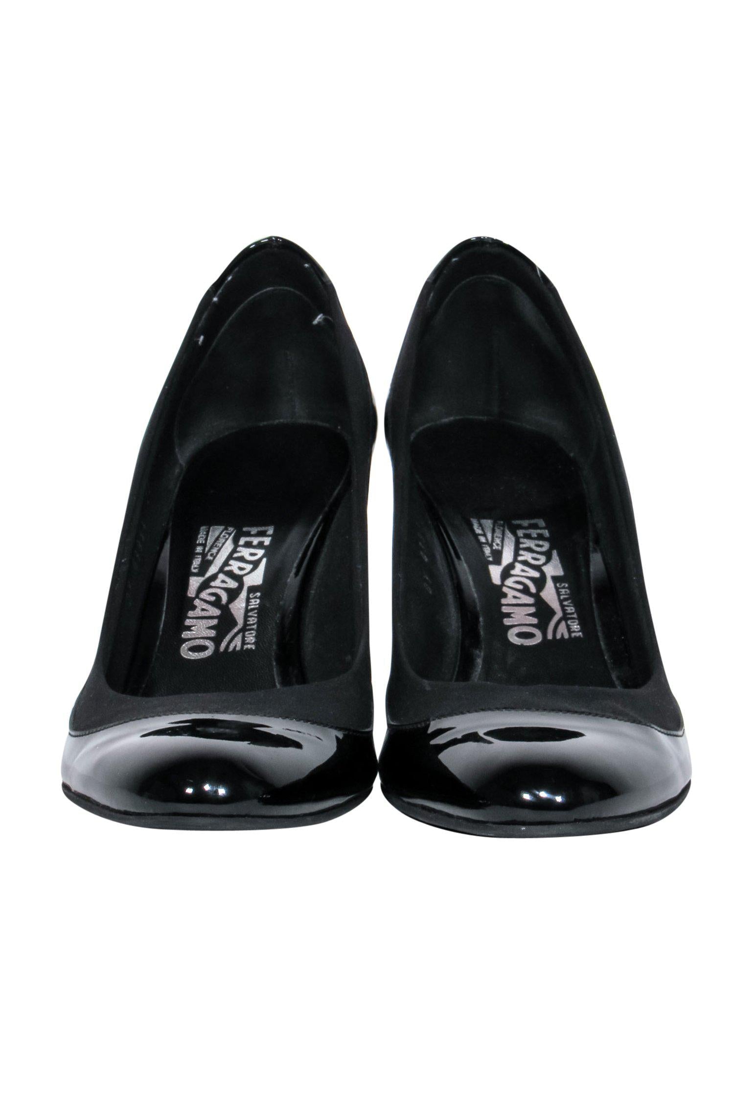 Ferragamo Black Patent Leather Navigli Wedges - Size 9.5 - Stylish Professional Footwear