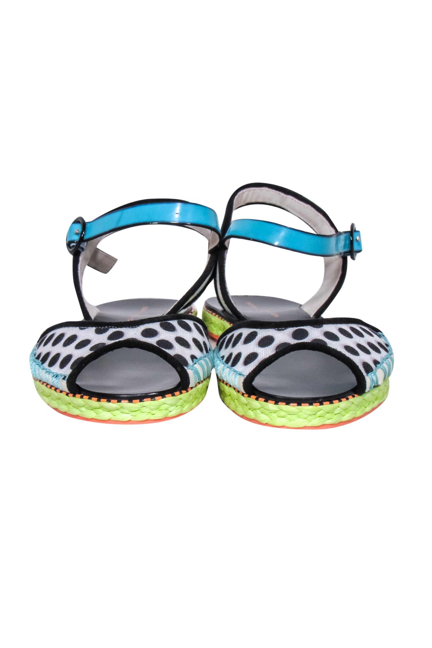 Sophia Webster Summer Bliss: Black & White Polka Dot Sandals with Blue Straps - Size 7.5