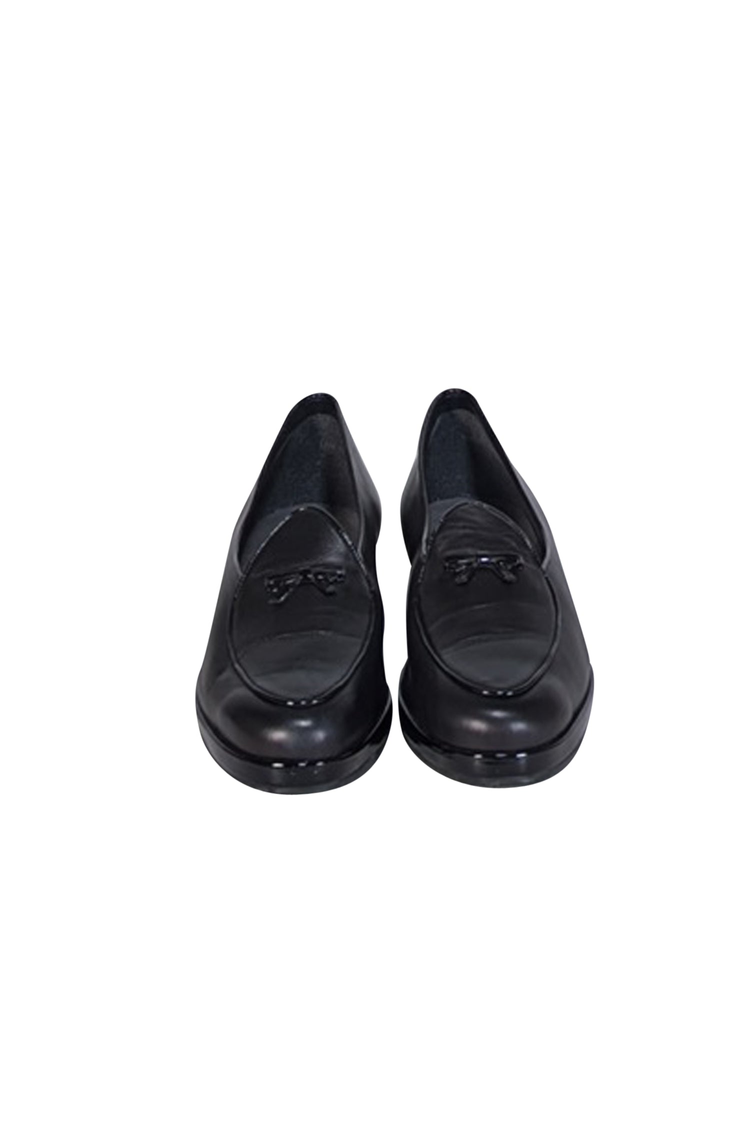 Stuart Weitzman's Chic Black Leather Loafers with Patent Trim and Bow - Size 10