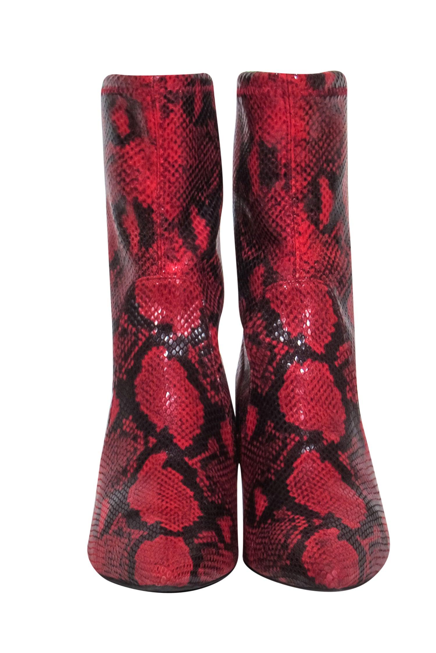 Stuart Weitzman Red & Black Snakeskin Print Heeled Short Boots - Size 8