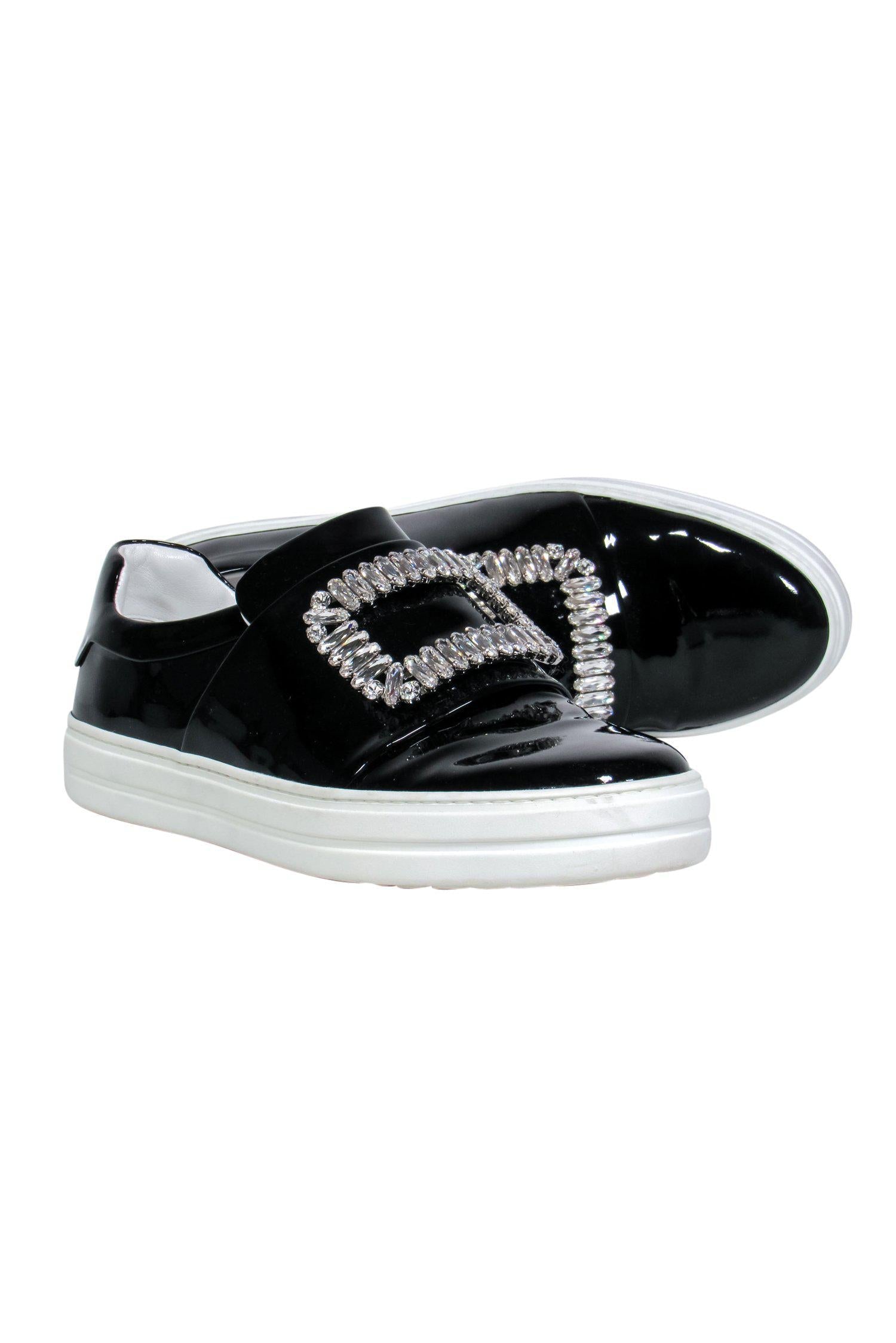 Roger Vivier - Stunning Black Patent Leather Platform Sneakers with Jeweled Button Design, Size 8.5