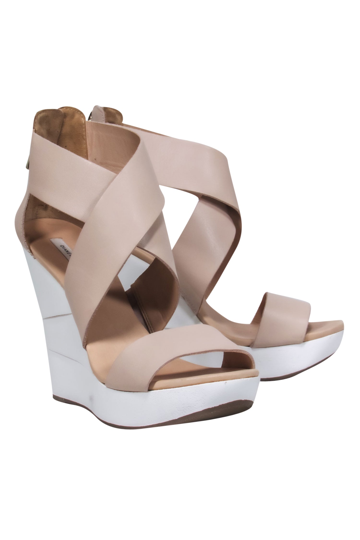 Diane von Furstenberg's Beige & White Strappy Leather Platform Wedges - Size 9 Summer Must-Have