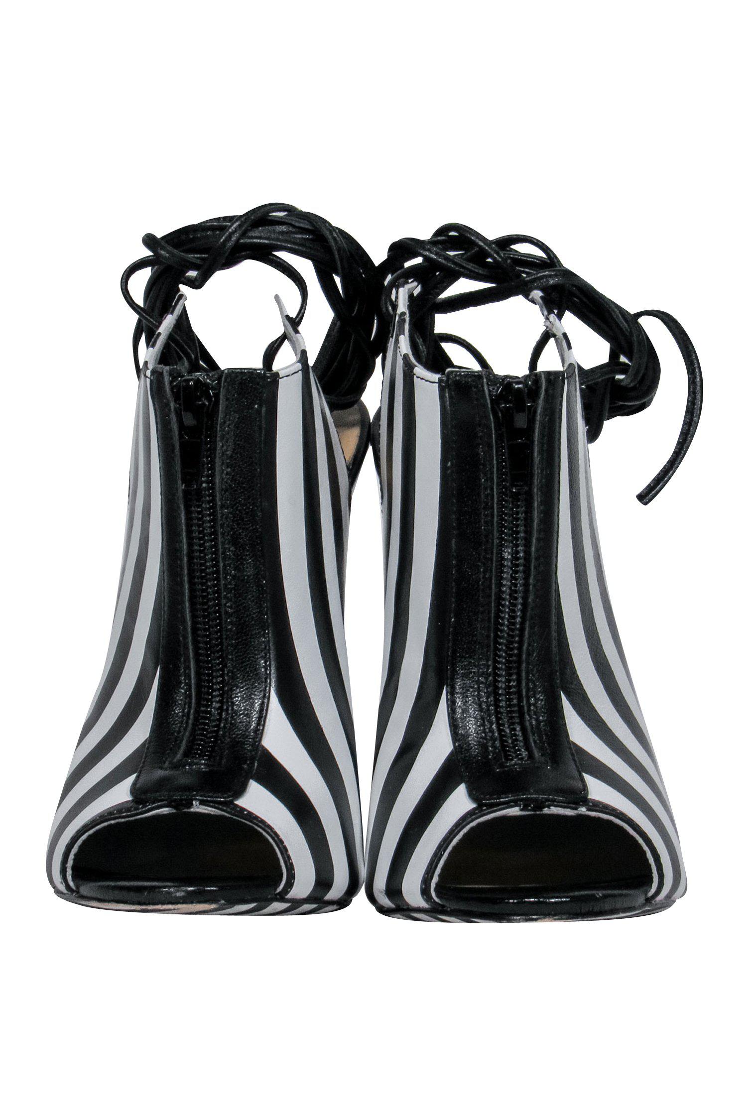 Alejandra G. Black & White Striped Peep - Toe Ariana Stilettos Size 6: Club - Ready Glam!