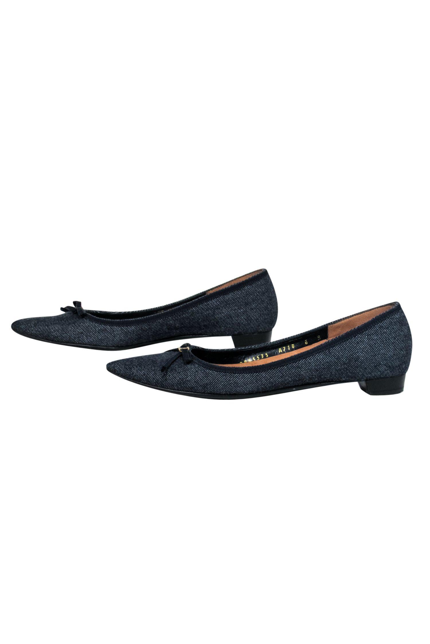 Ferragamo Chambray Bow-Pointed Toe Flats - Size 6