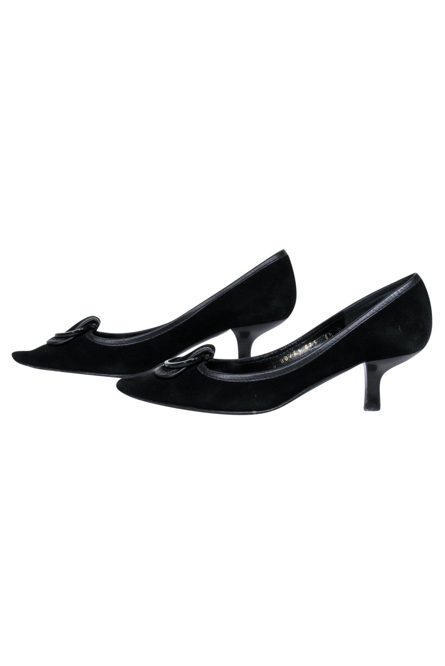 Ferragamo Black Suede Pointed-Toe Kitten Heels with Buckle Detail - Size 6.5