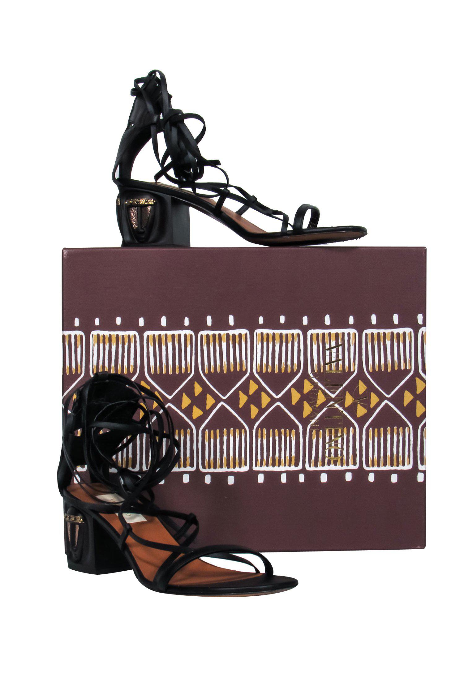 Valentino's Tribal-Inspired Black Leather Lace-Up Block Heel Pumps - Size 7