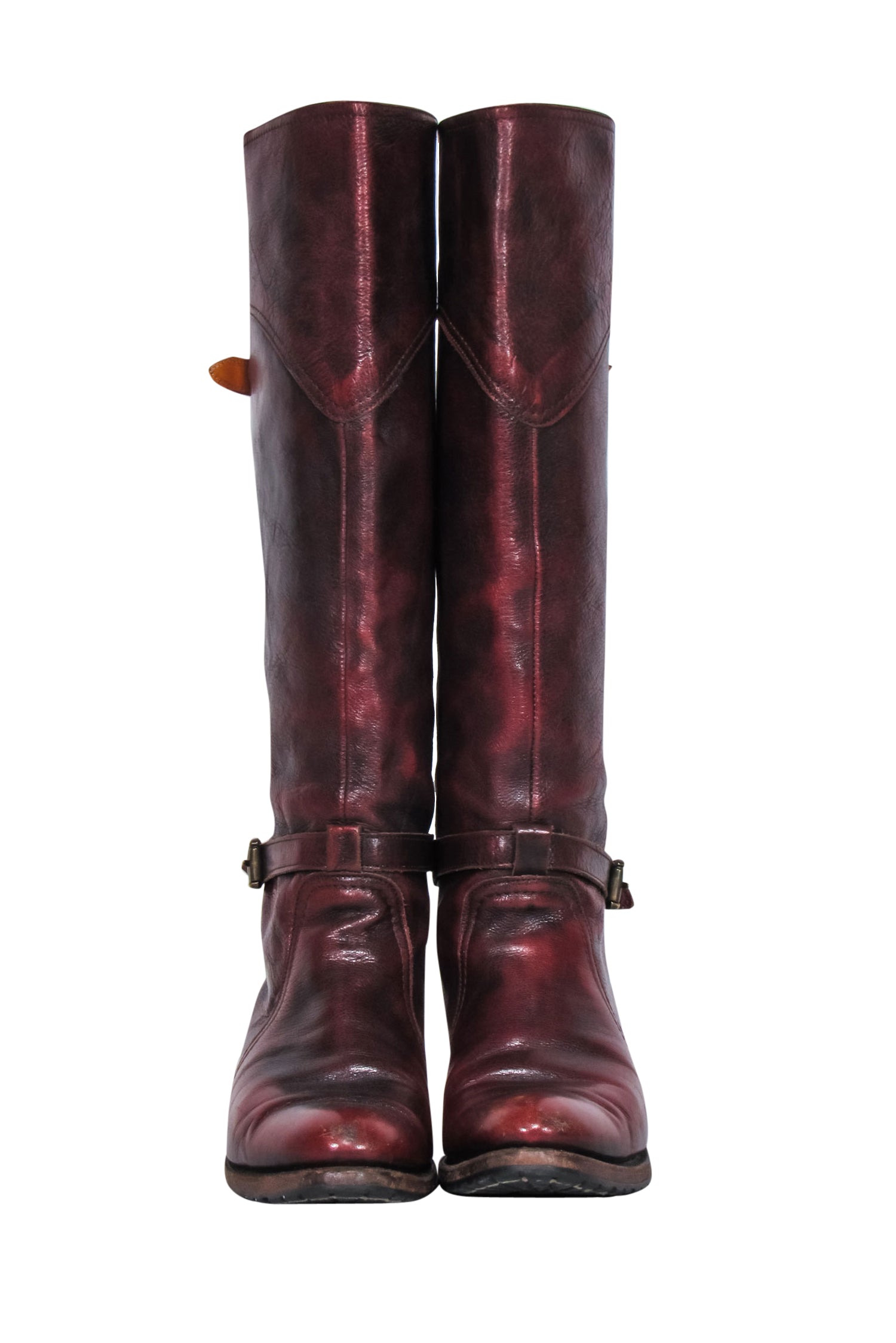 Frye's Stunning Burgundy Marbled Leather Knee - High Buckled Boots - Size 7