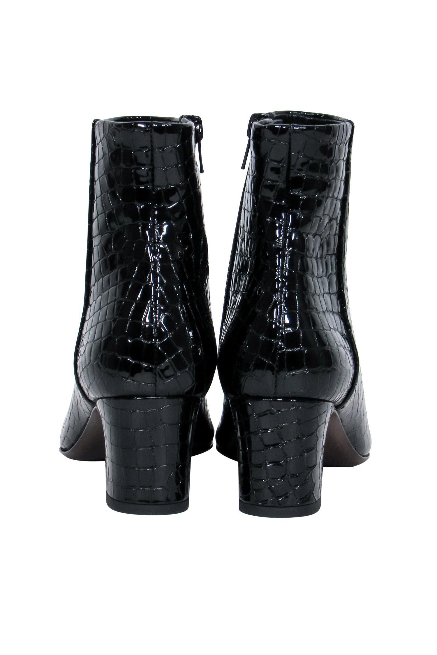 AGL Black Patent Leather Reptile-Embossed Heeled Booties - Size 6