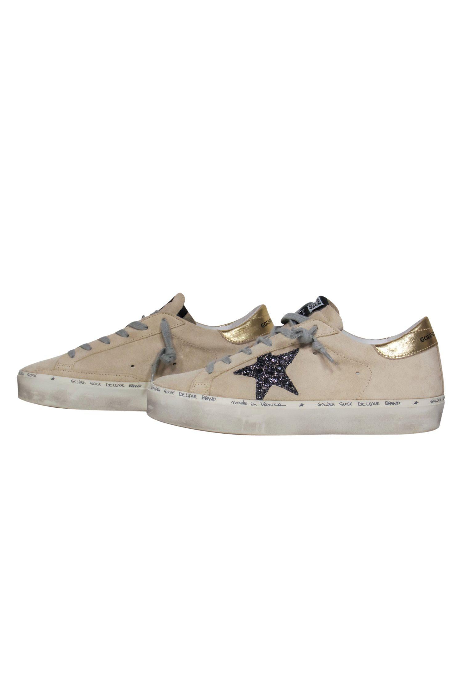 Golden Goose - Stunning Beige Suede Lace - Up Distressed Hi Star Sneakers with Sparkly Star Design, Size 8