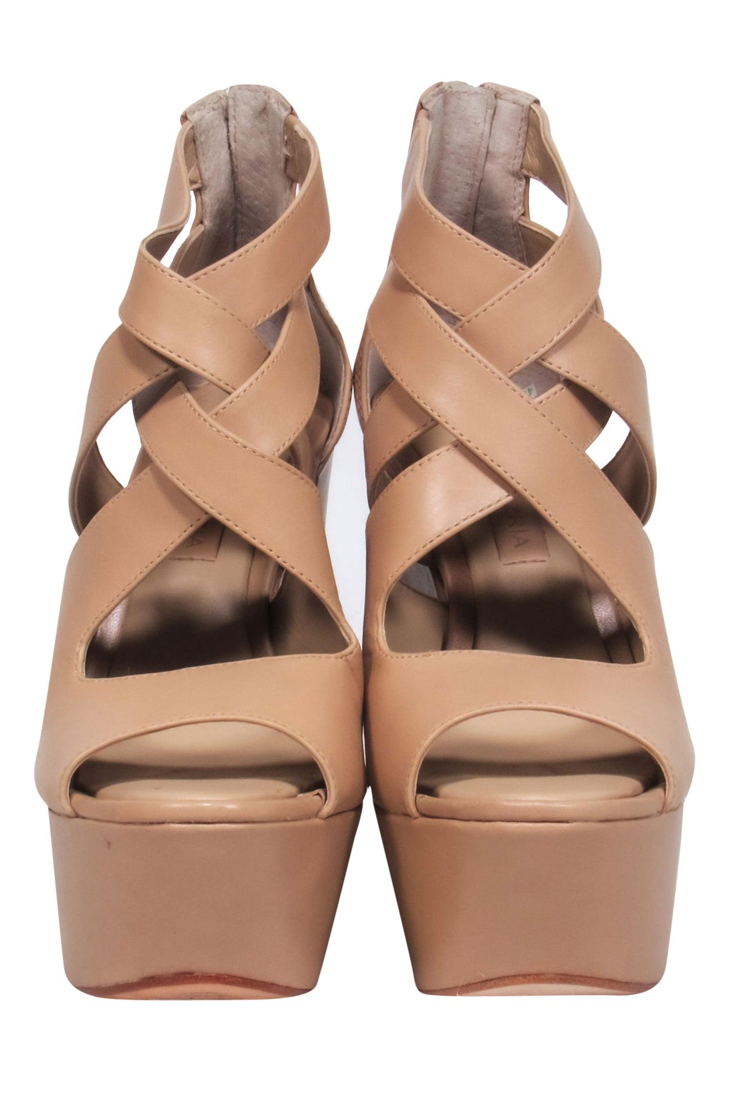 BCBG Max Azria Beige Leather Chunky Platform Crisscross Strap Heels - Size 5.5