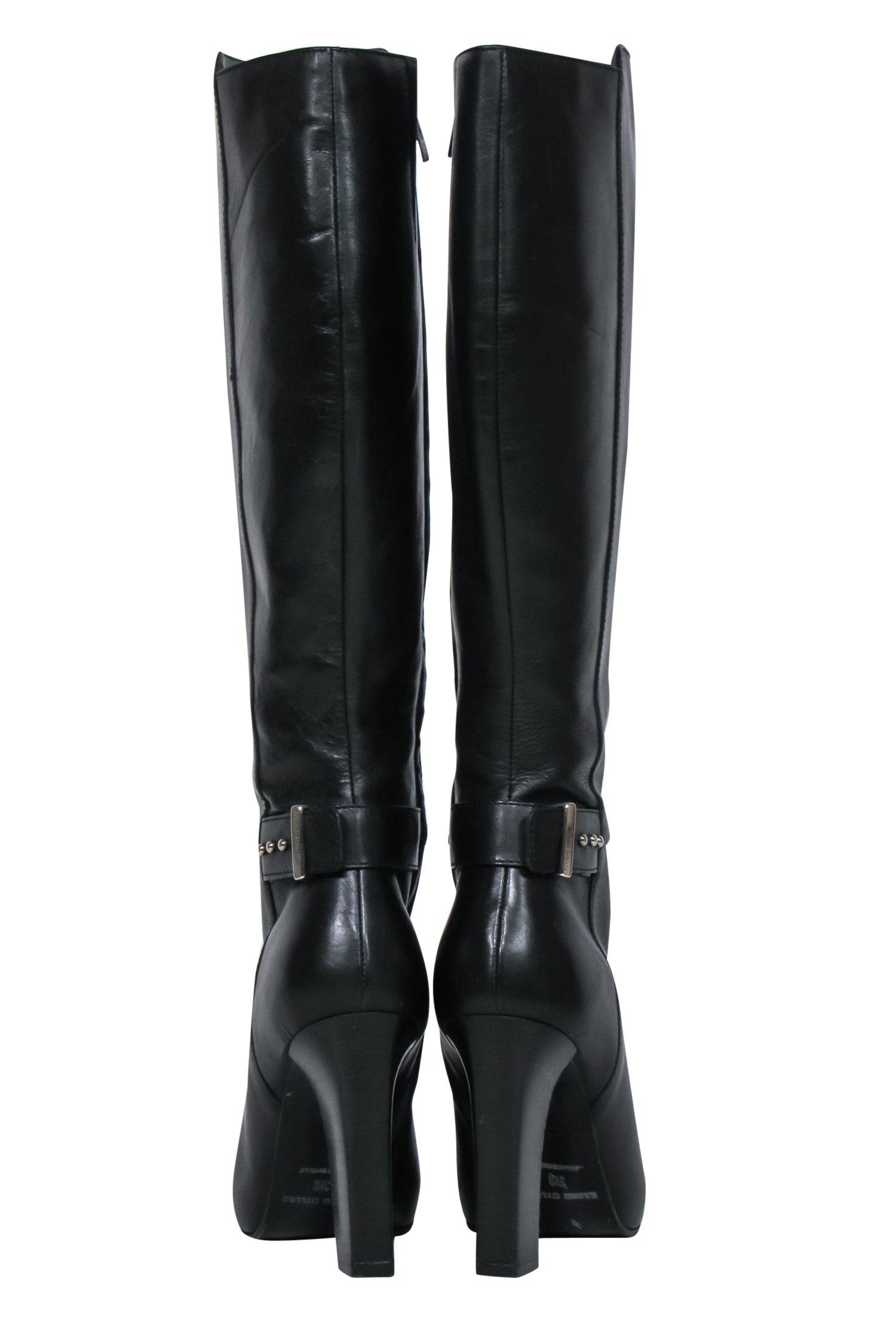 Karen Millen's Stunning Black Leather Knee - High Heeled Boots with Buckle, Size 7