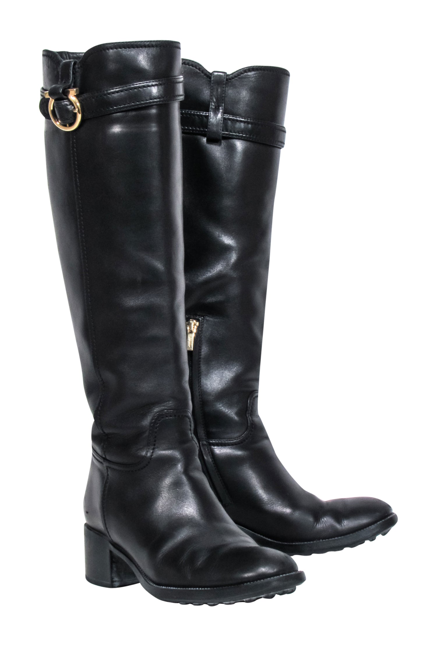 Ferragamo's Stunning Black Leather Riding Boots with Gancini Accent - Size 7.5