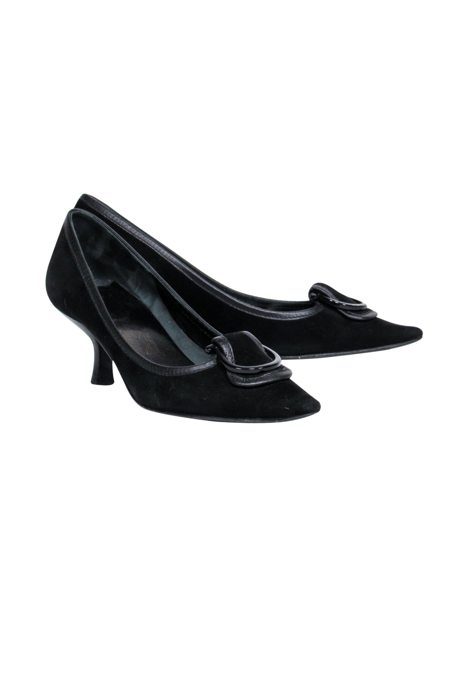 Ferragamo Black Suede Pointed-Toe Kitten Heels with Buckle Detail - Size 6.5