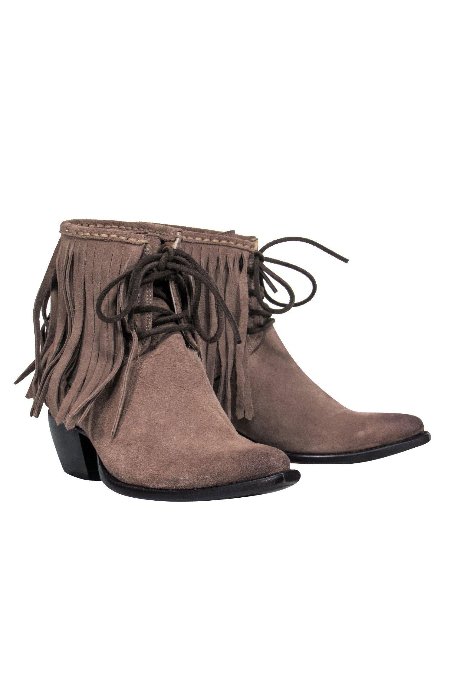 Frye Tan Suede Fringed Lace - Up Heeled Booties Size 8.5