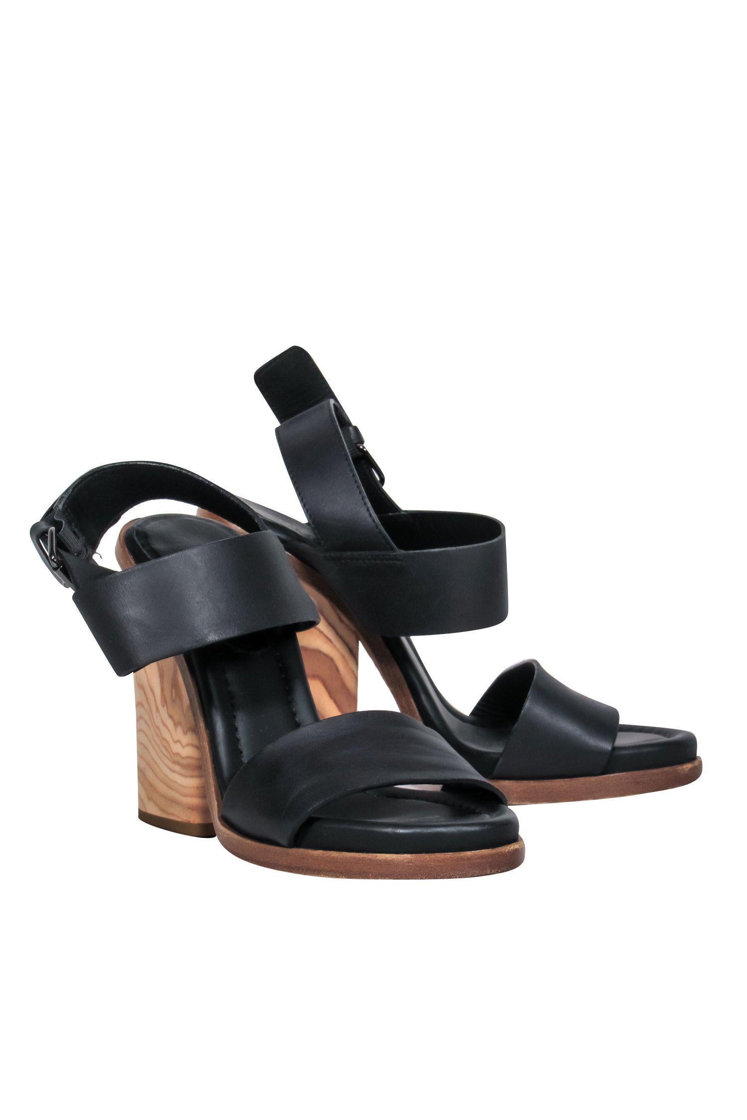 Vince Hayley Black Leather Strappy Wooden Block Heel Pumps - Size 6