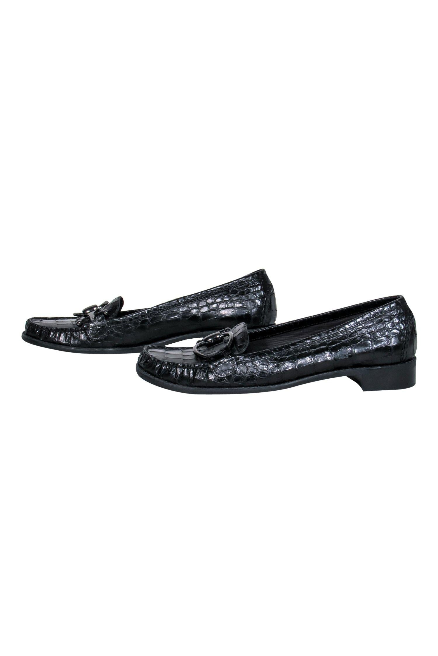 Stuart Weitzman's Stunning Black Reptile Textured Loafers with Horsebit Buckle - Size 8.5