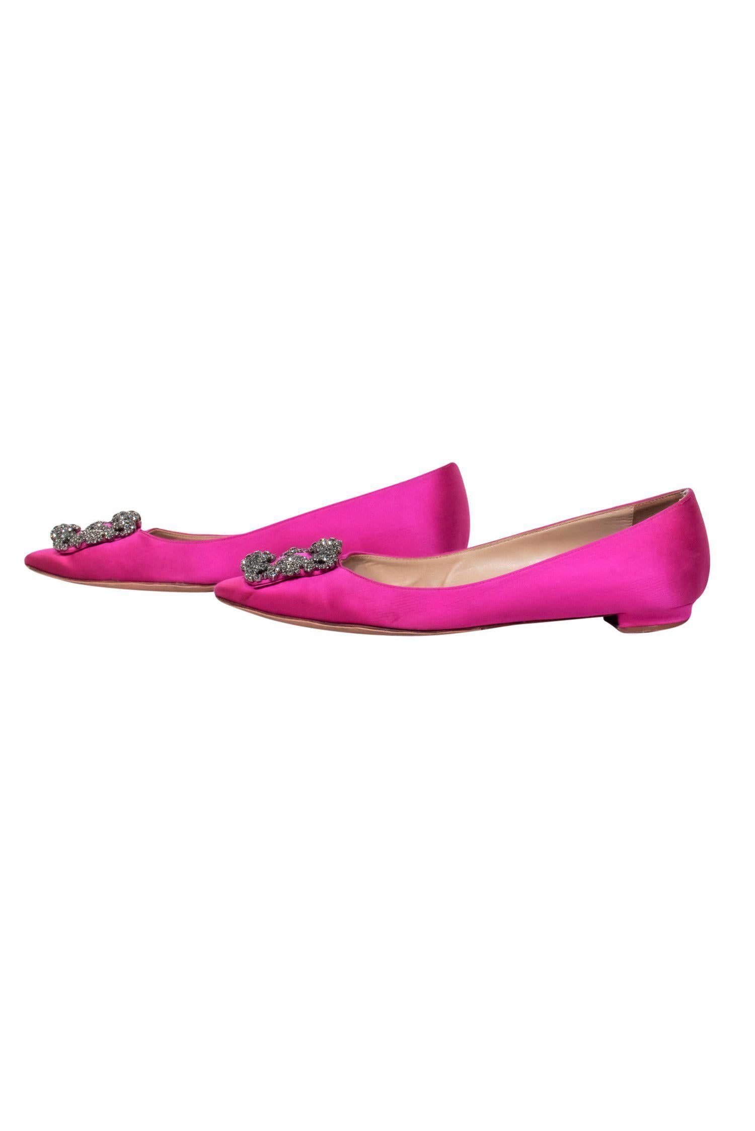 Manolo Blahnik Magenta Satin Pointed Toe Rhinestone Buckle Flats - Size 7: Your Fairytale Footwear