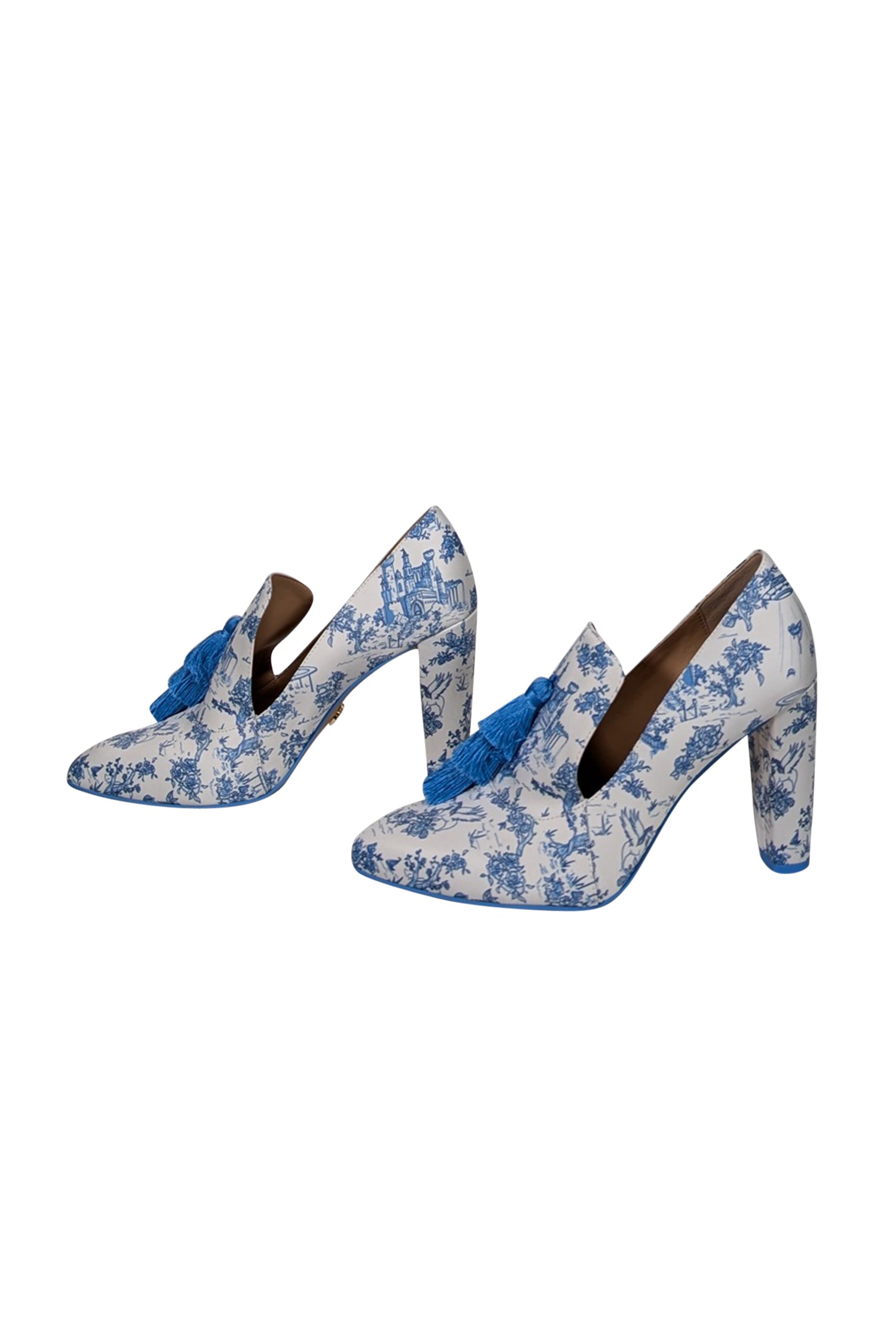 She Is Cheval - Enchanting White & Blue Toile Print Satin Heels in Size 8.5