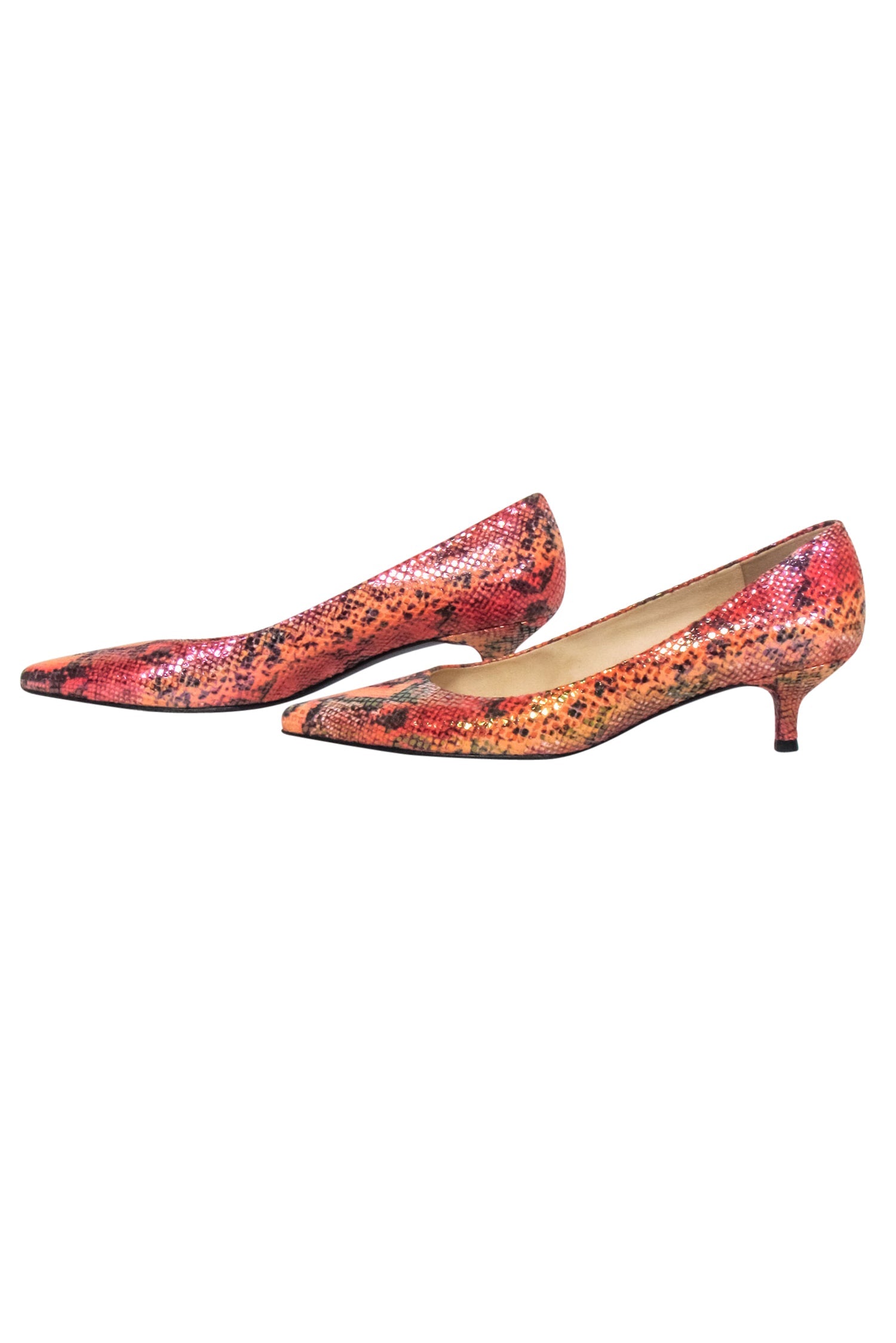 Stuart Weitzman - Fiery Orange & Pink Snakeskin Print Kitten Heels, Size 8.5
