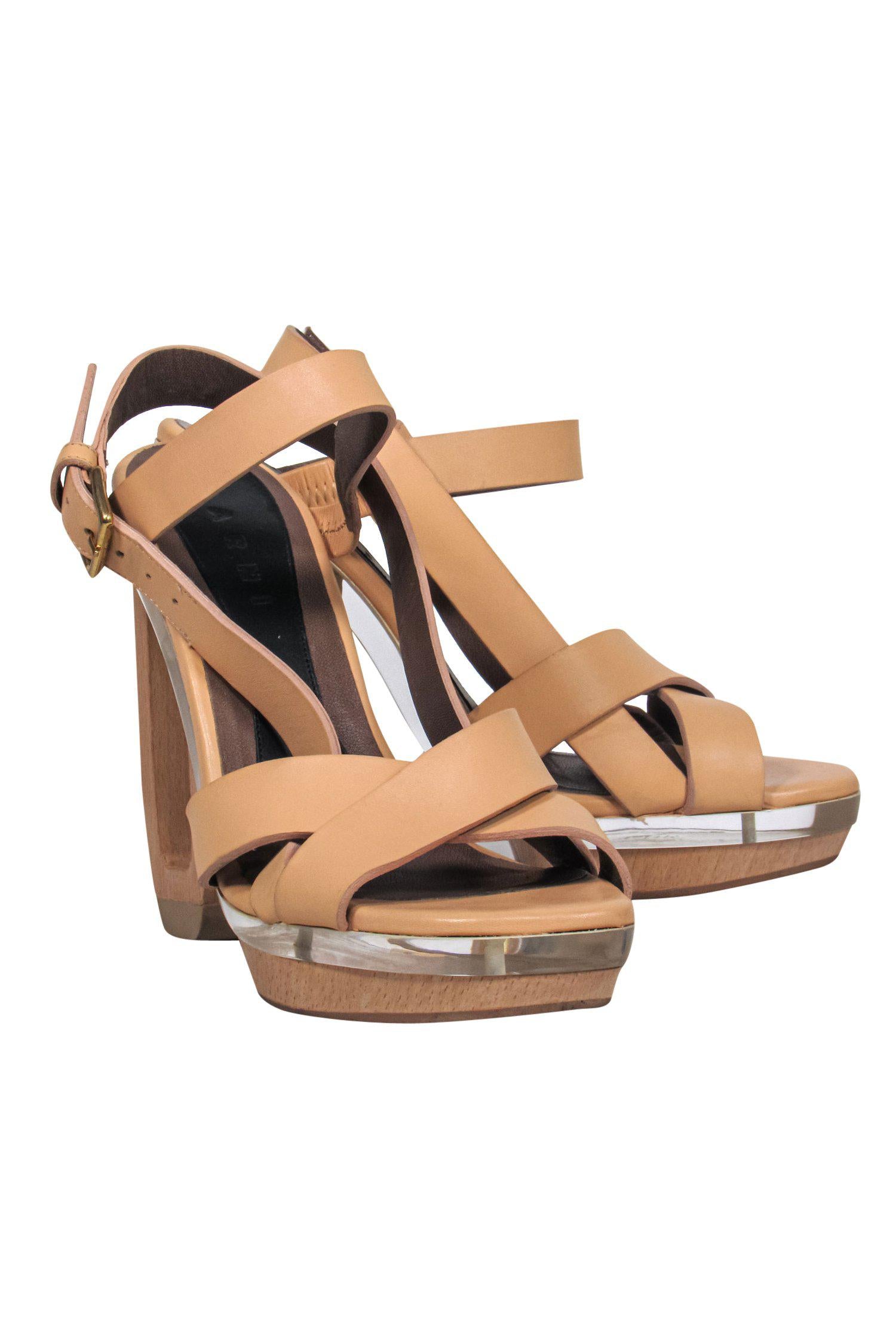 Marni Tan Strappy Platform Pumps with Abstract Heel - Size 10