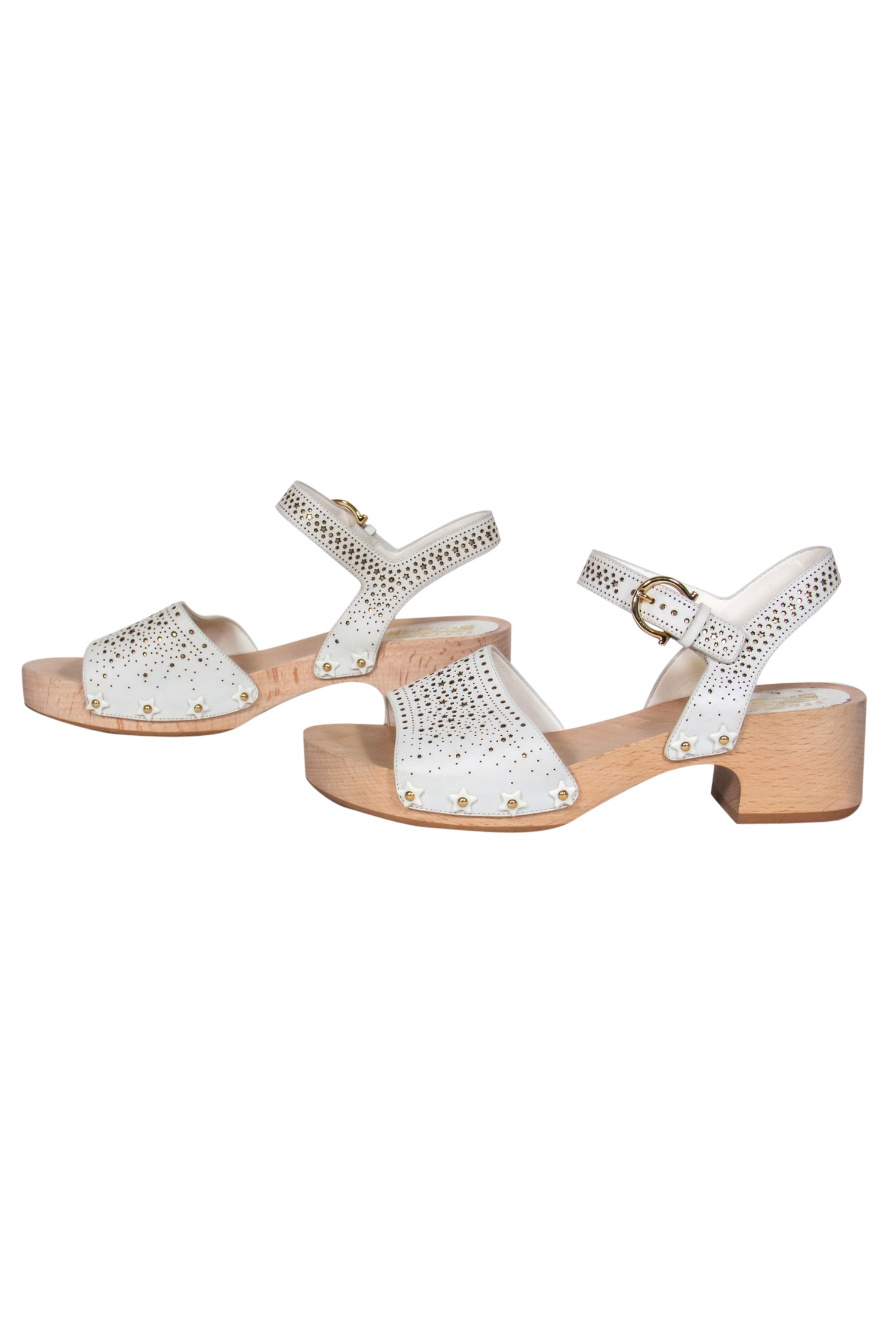Ferragamo White Leather Clog Sandals with Golden Stars - Size 8