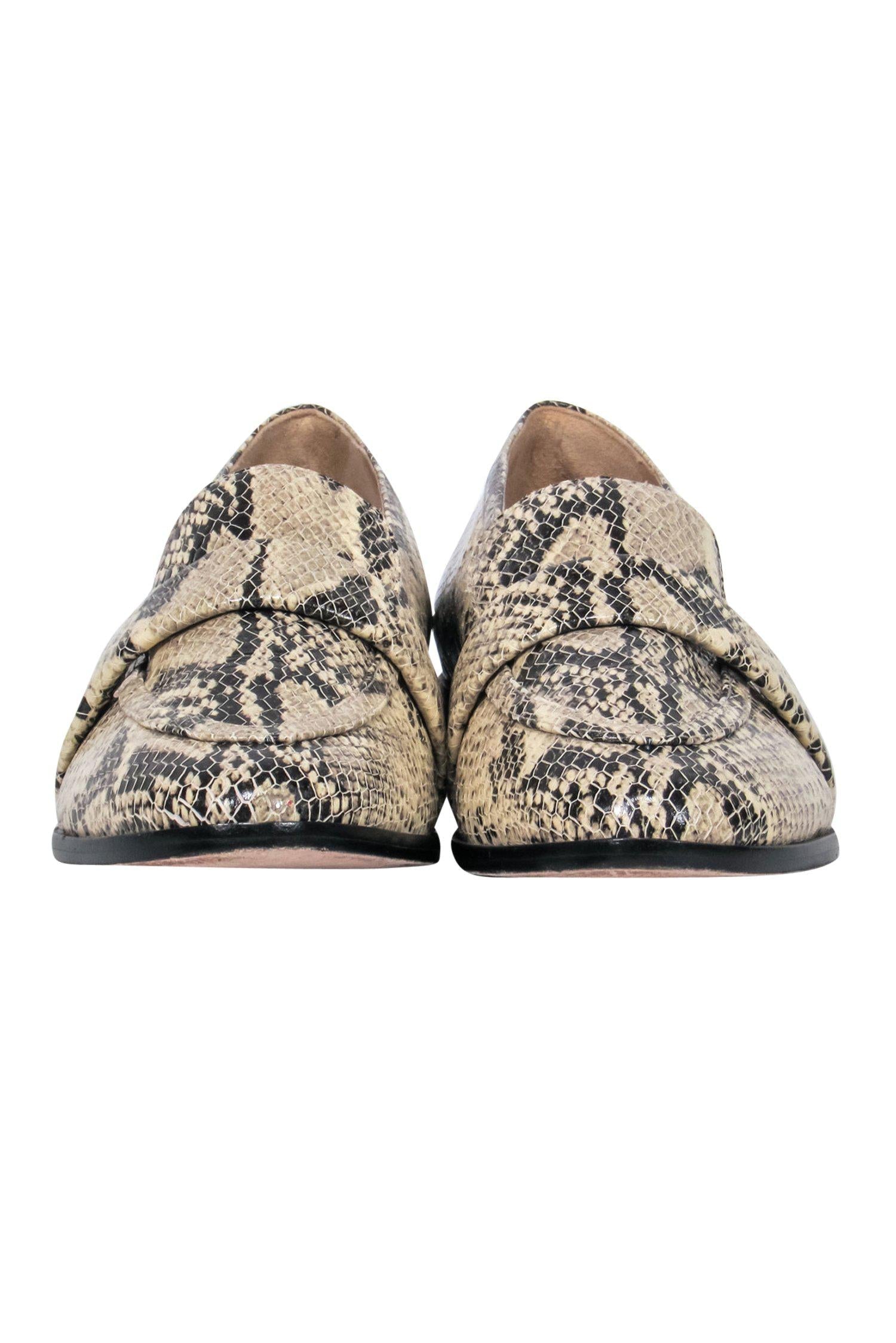 Schutz Beige & Black Leather Snakeskin Print Loafers - Size 7.5: A Fierce Fashion Statement!