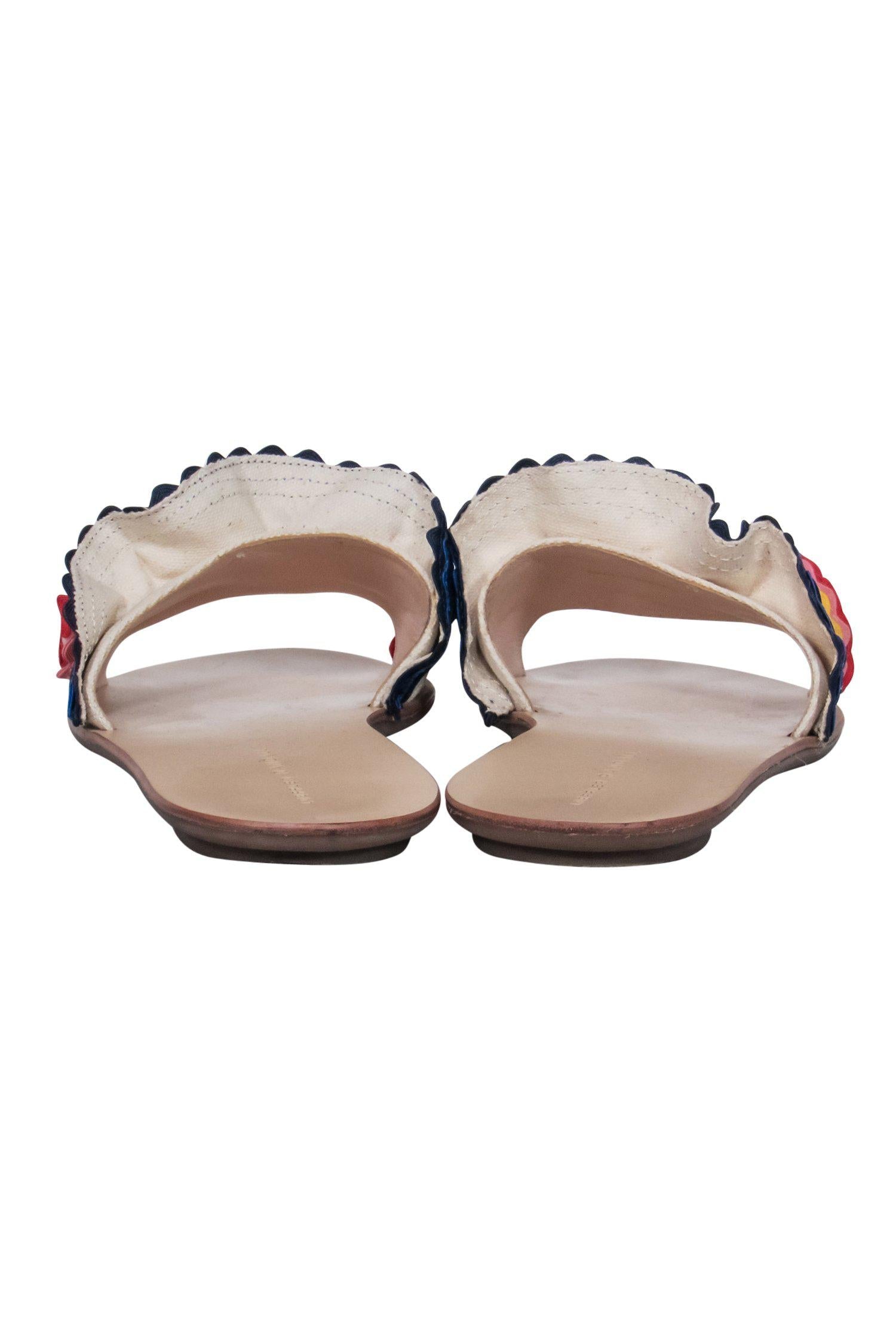 Loeffler Randall's Fiesta Beige Ruffle Slide Sandals with Multicolored Embroidery - Size 9.5
